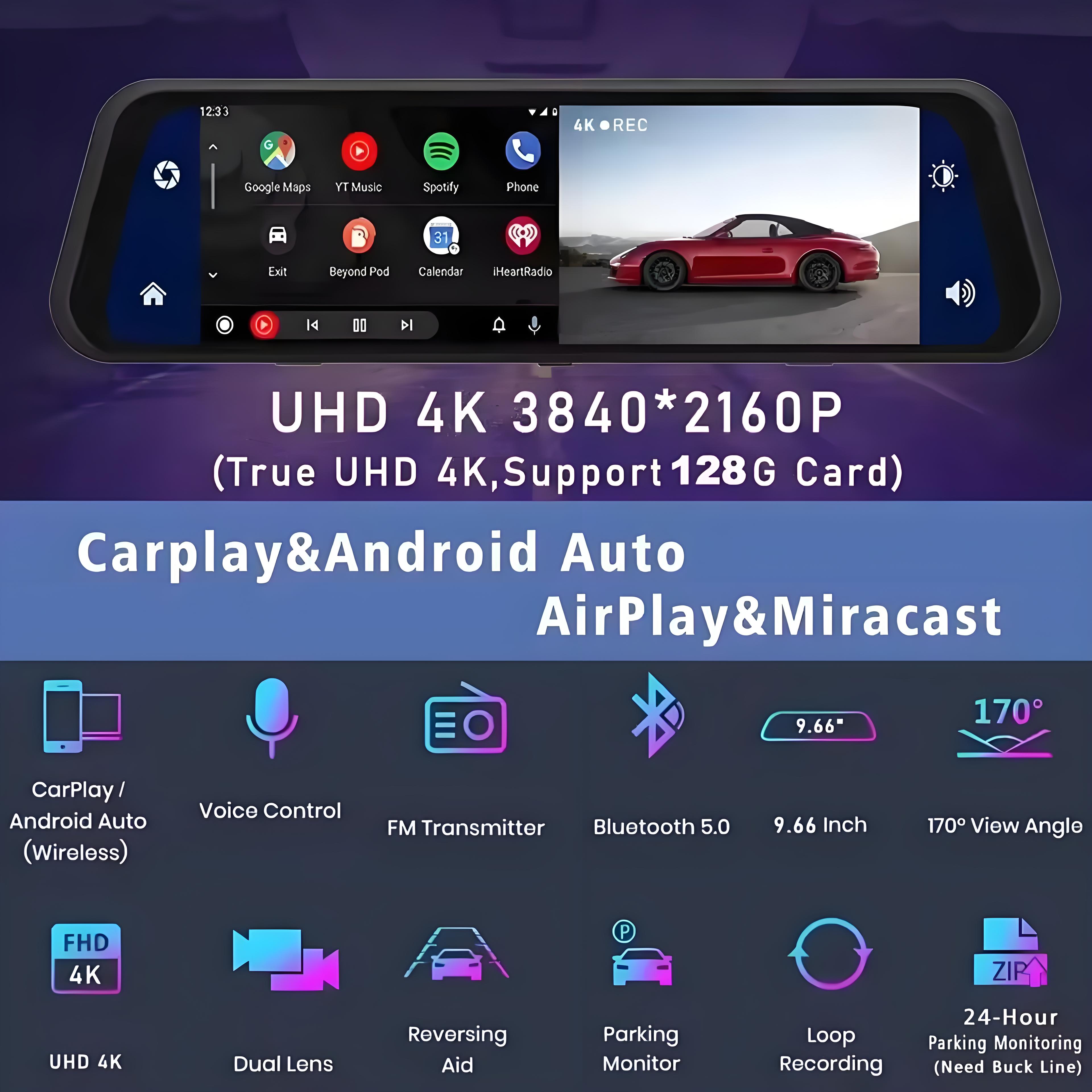 UHD 4K Mirror Dual Lens Camera Car DVR Carplay & Android Auto 2CH Dash Cam Touch Screen Video Recorder Rearview Drive Dashcam