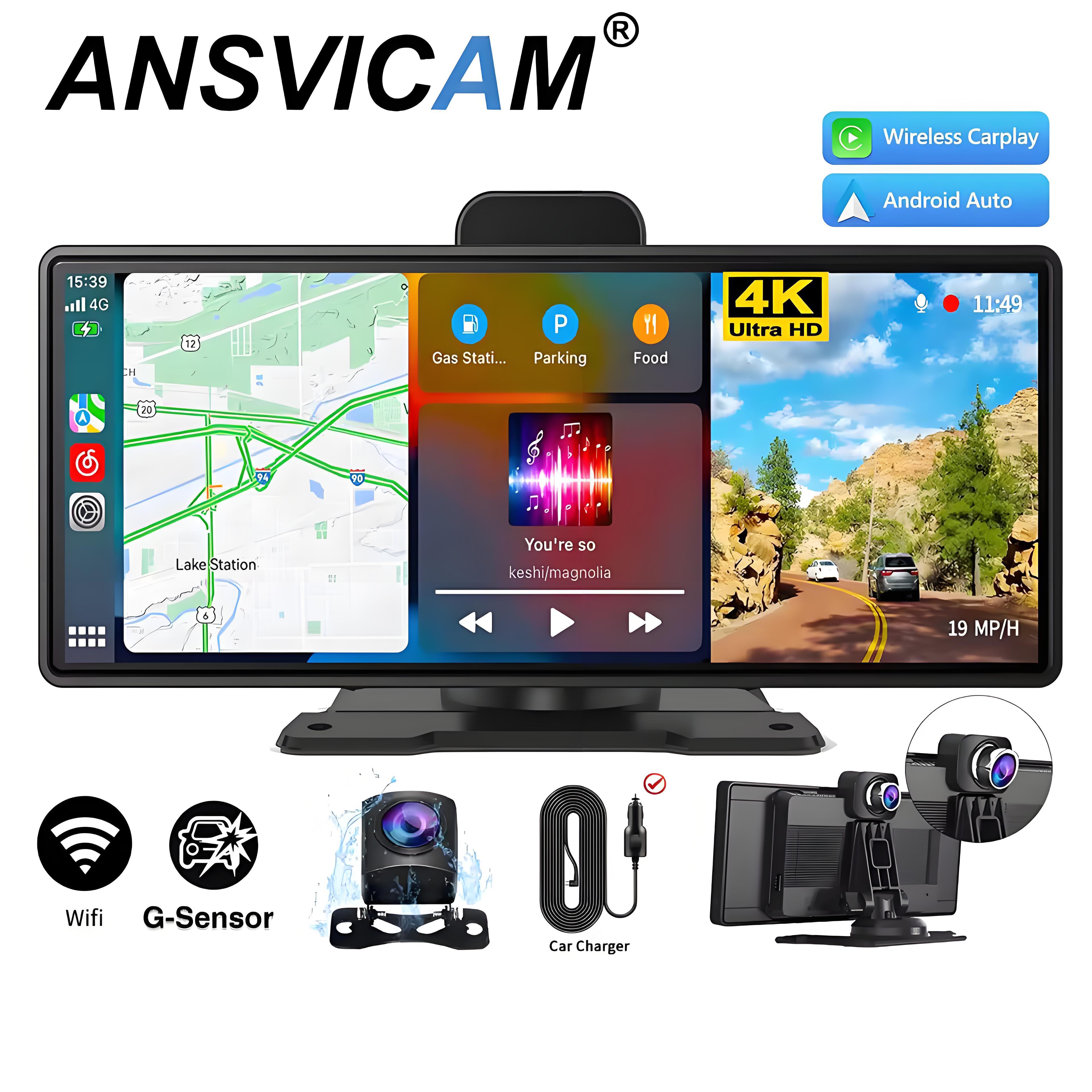Wireless Apple Carplay Screen for Car 4K Dash Cam and 720P Backup Camera 10.26Inch Carplay & Android with GPS Navigation Dashcam