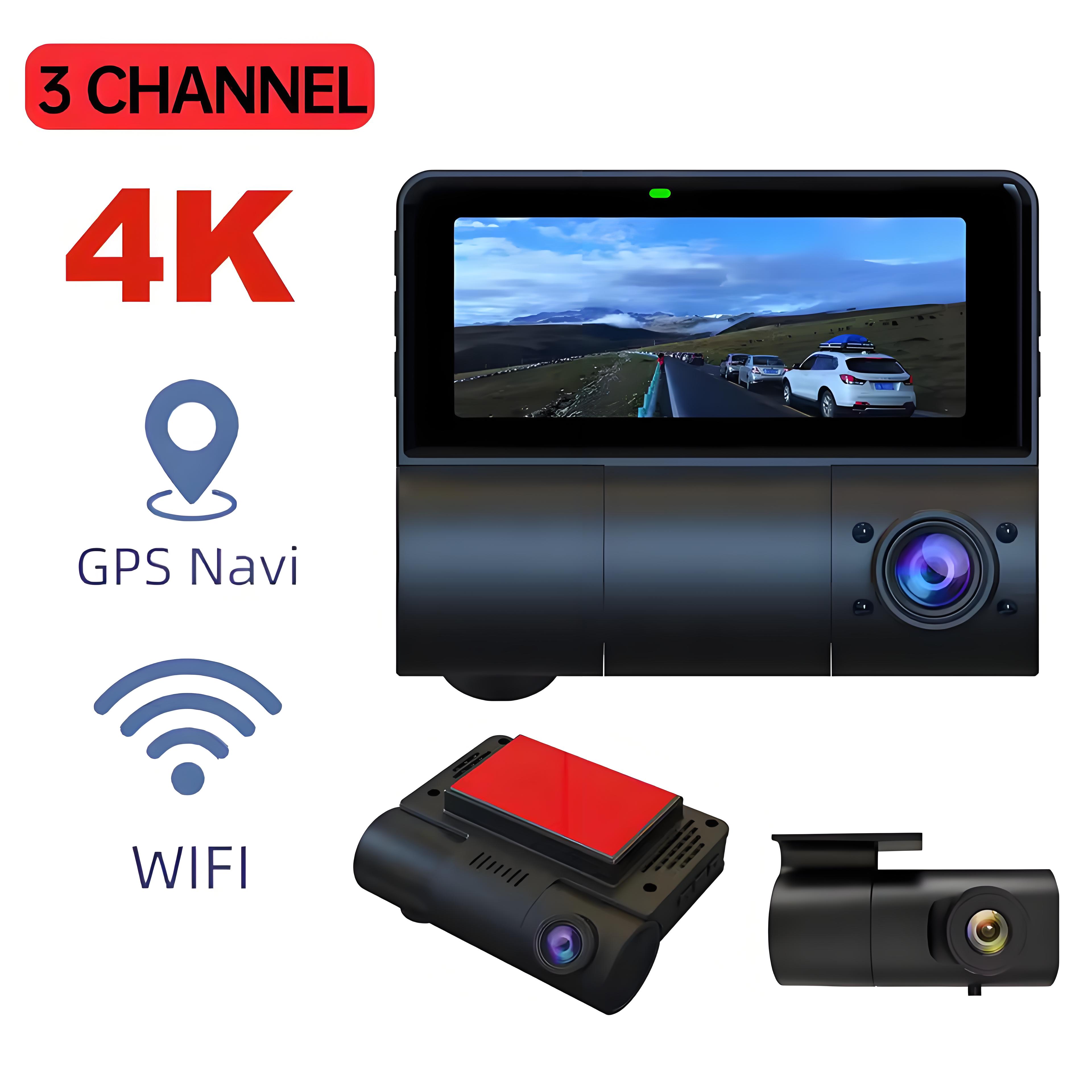 3 Channel Dash Cam 4K+1k+1k UHD Triple Dashcam with Front and Rear Inside Car DVRs Camera Built-in GPS Loop Recording Camcorder