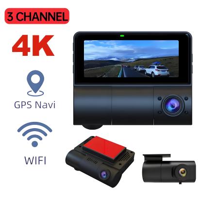3 Channel Dash Cam 4K+1k+1k UHD Triple Dashcam with Front and Rear Inside Car DVRs Camera Built-in GPS Loop Recording Camcorder
