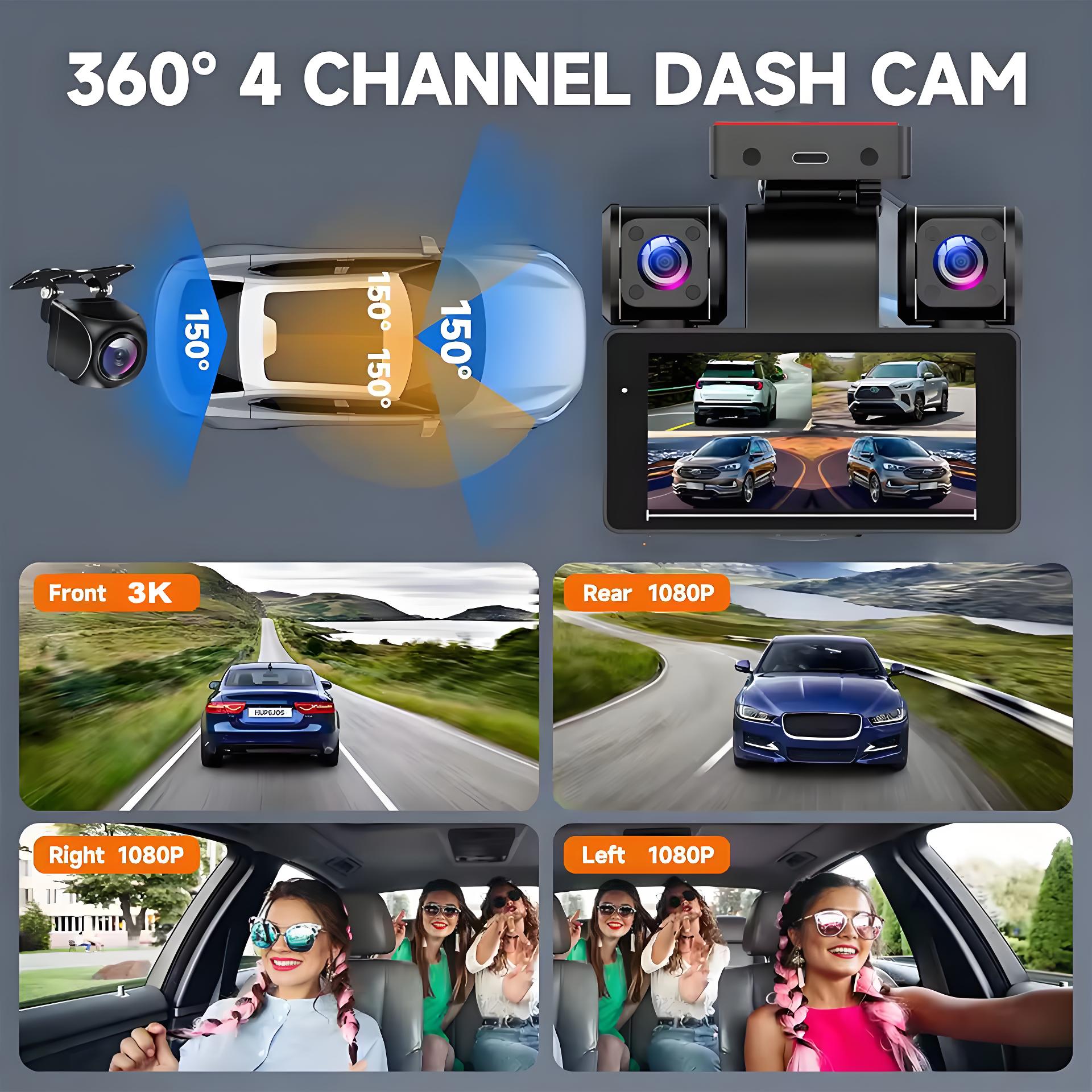 4 Channel Car DVR Dash Camera Wi-Fi GPS Car Camera 360 Dash Cam Front and Rear Inside Left Right 3k*1080P 4 Lens Video Recorder