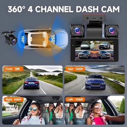 4 Channel Car DVR Dash Camera Wi-Fi GPS Car Camera 360 Dash Cam Front and Rear Inside Left Right 3k*1080P 4 Lens Video Recorder