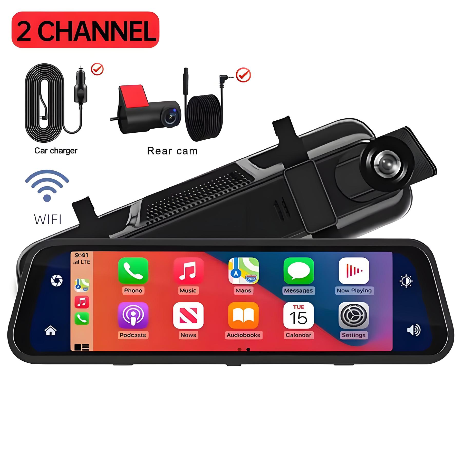 UHD 4K Mirror Dual Lens Camera Car DVR Carplay & Android Auto 2CH Dash