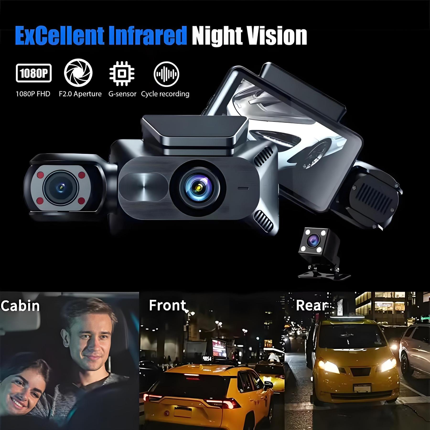 3 Channel Dash Cam Car DVR 1080P Dashcam Front and Inside Triple Dash Camera Night Vision Motion Detection Car Camera Camcorder