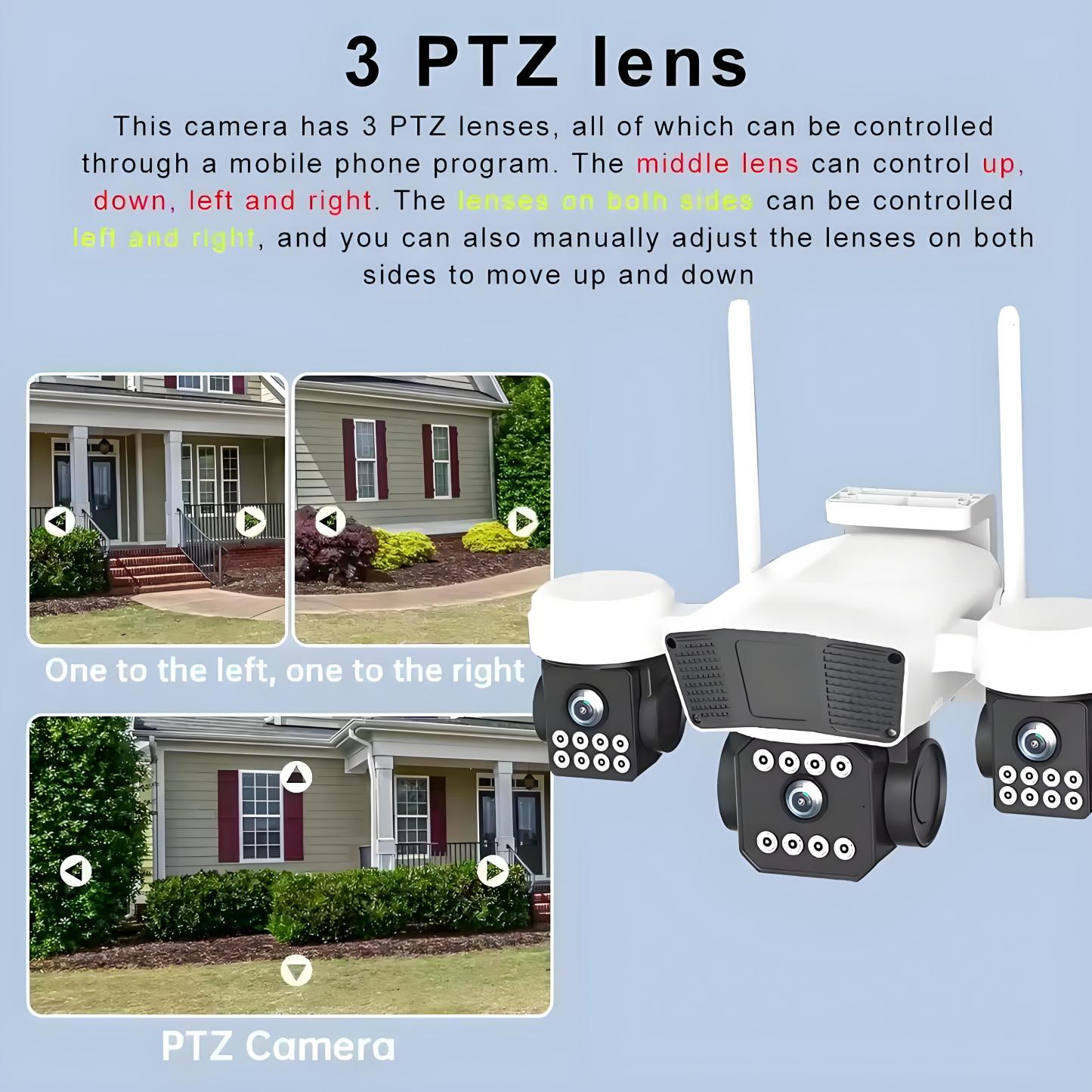 Three Lens PTZ IP Camera Outdoor 6K 12MP HD Three Screen WiFi Security Camera Auto Tracking Triple Screens Wireless CCTV Camera