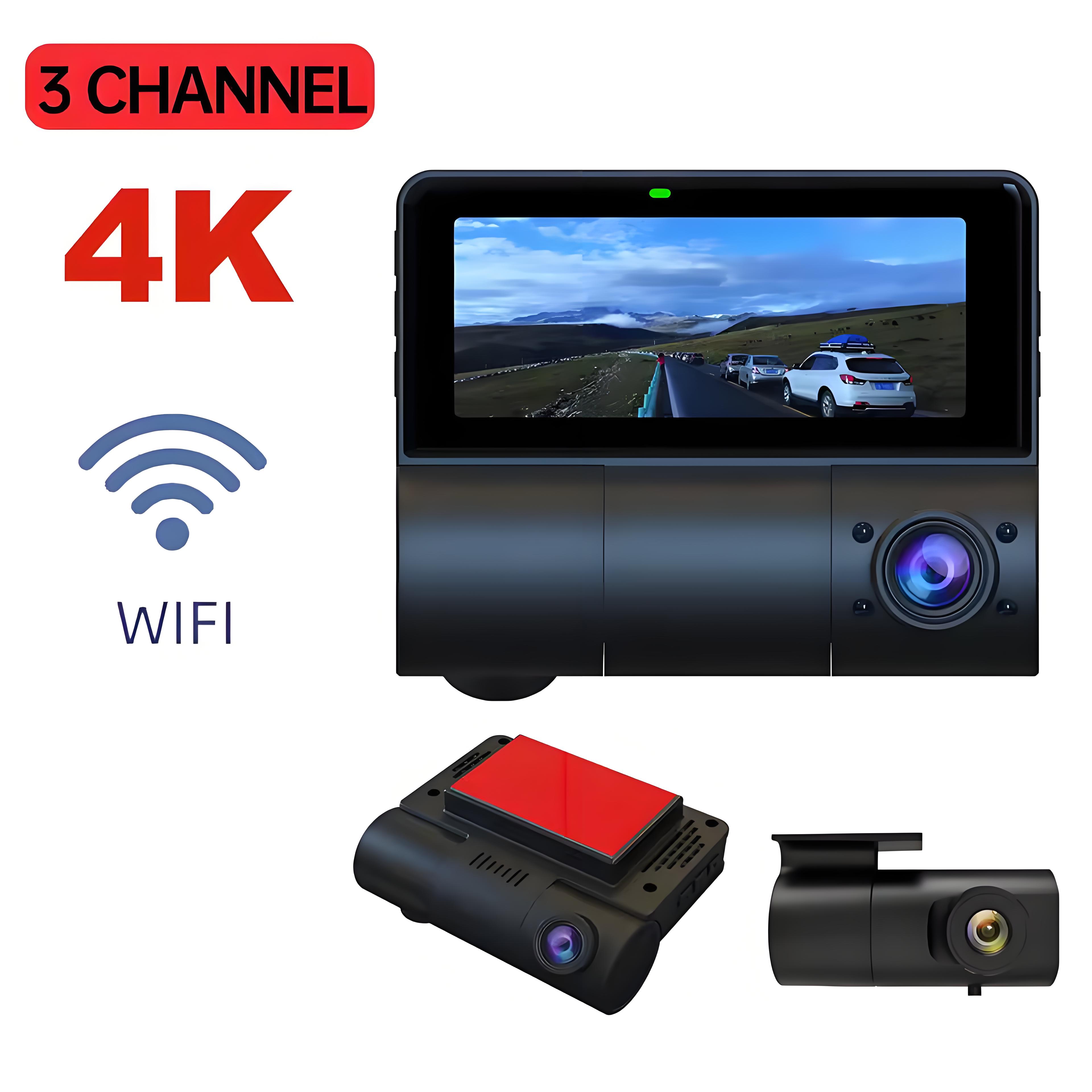 3 Channel Dash Cam 4K+1k+1k UHD Triple Dashcam with Front and Rear Inside Car DVRs Camera Built-in GPS Loop Recording Camcorder