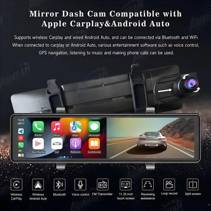 11.26" Screen 3 Channels GPS Dash Cam HD 2.5K Three Way Car Camera IPS Front and Rear Inside 3 Lens Carplay Android Auto Car DVR