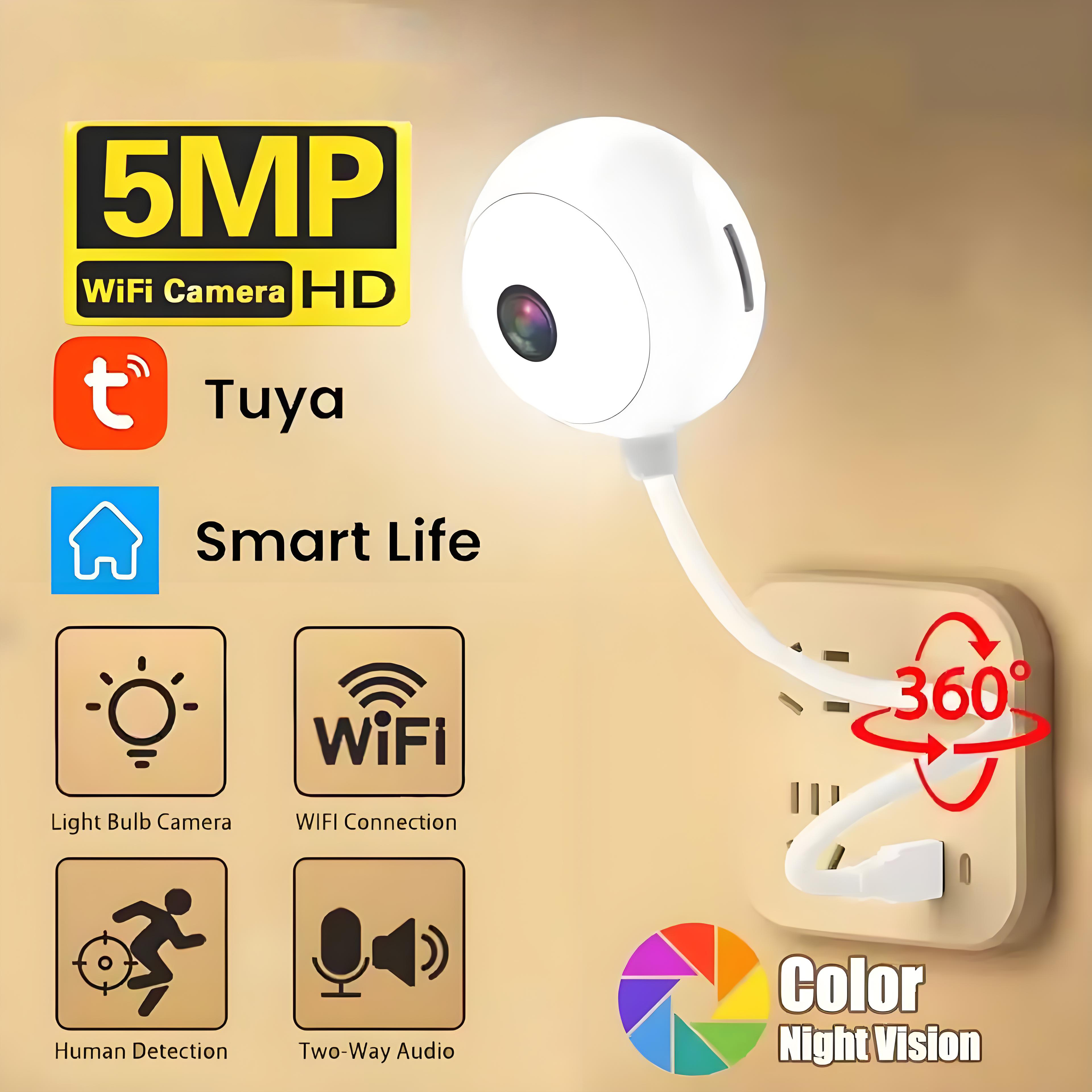 Tuya Indoor USB Light Bulb WiFi Camera 2K 5MP Mini Wireless Security IP Camera IR Color Night Vision Smart Life Baby Monitor Cam
