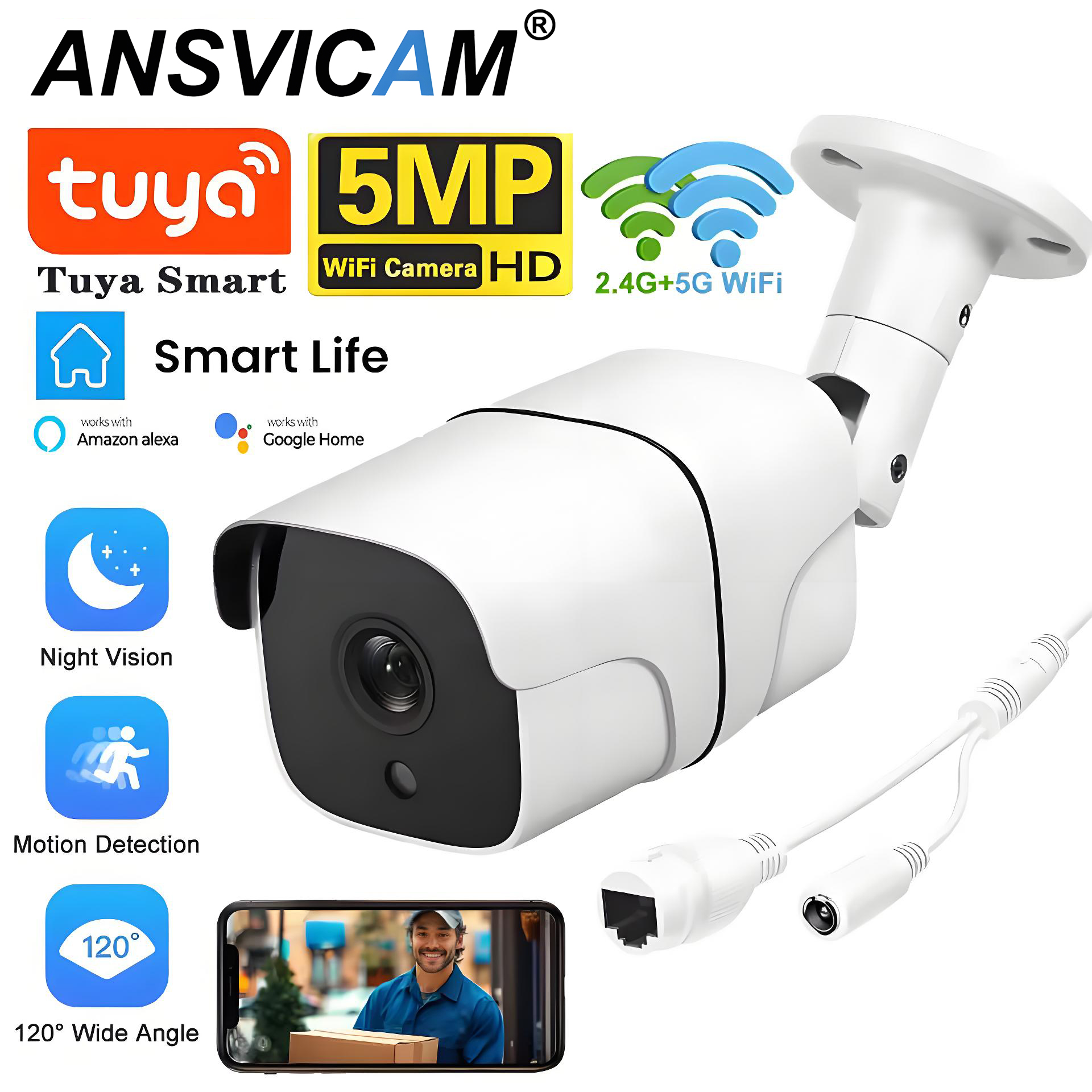 5MP Tuya 5G Wifi IP Camera Outdoor Bullet Smart Home Security Cameras Auto Tracking Color Night Vision Video Audio Surveillance