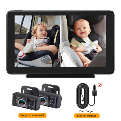 Baby Car Camera 7 " 1080P FHD Dual Car Baby Mirror 360 Degree Rotating Backseat Camera for 2 Kids Clear Night Vision Easy Setup