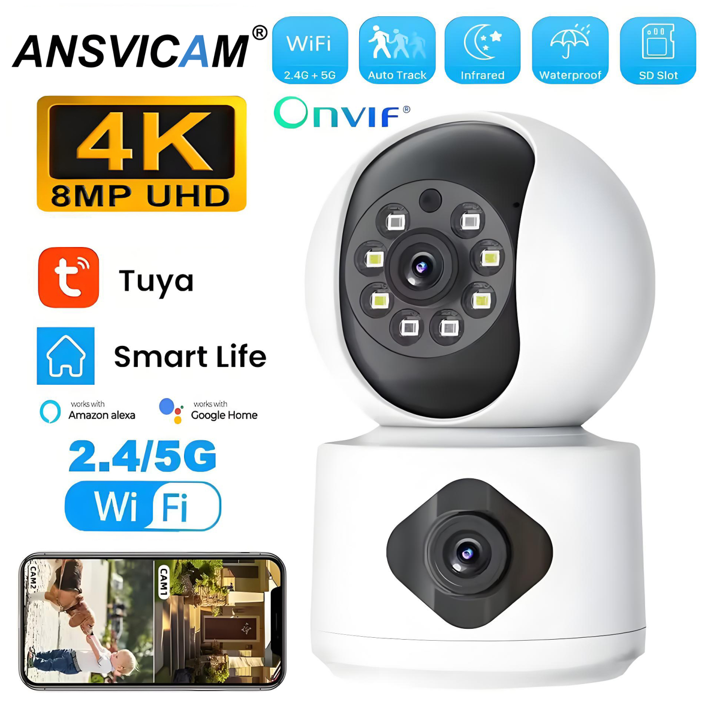 8MP 5G WiFi Camera Indoor Dual Lens Baby Monitor Color Night Vision Camera 4k Dual Screen Auto Tracking Video Surveillance