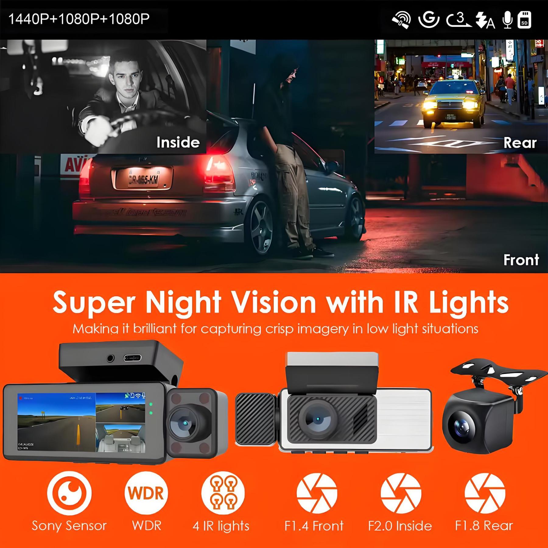 4K Car DVR 3-Channel Dash Cam Front Inside Rear View GPS WIFI Black Box 3 Lens Dash Cam Video Recorder Camera Car Accessories
