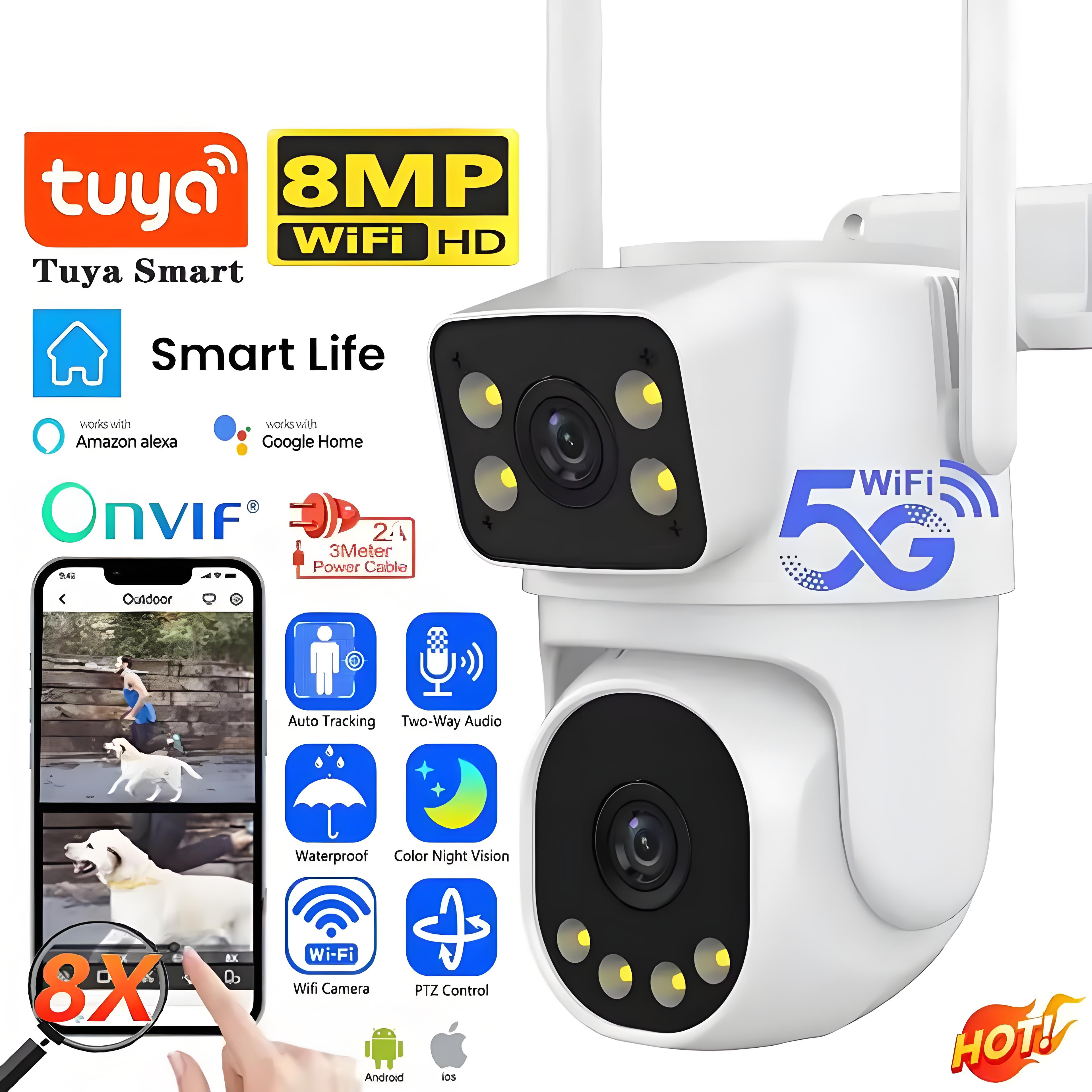 4K Tuya PTZ Dual Lens Camera 5G Wifi Outdoor 8x Zoom Security Camera 8MP Dual Screen Video Full Color Night Vision Surveillance