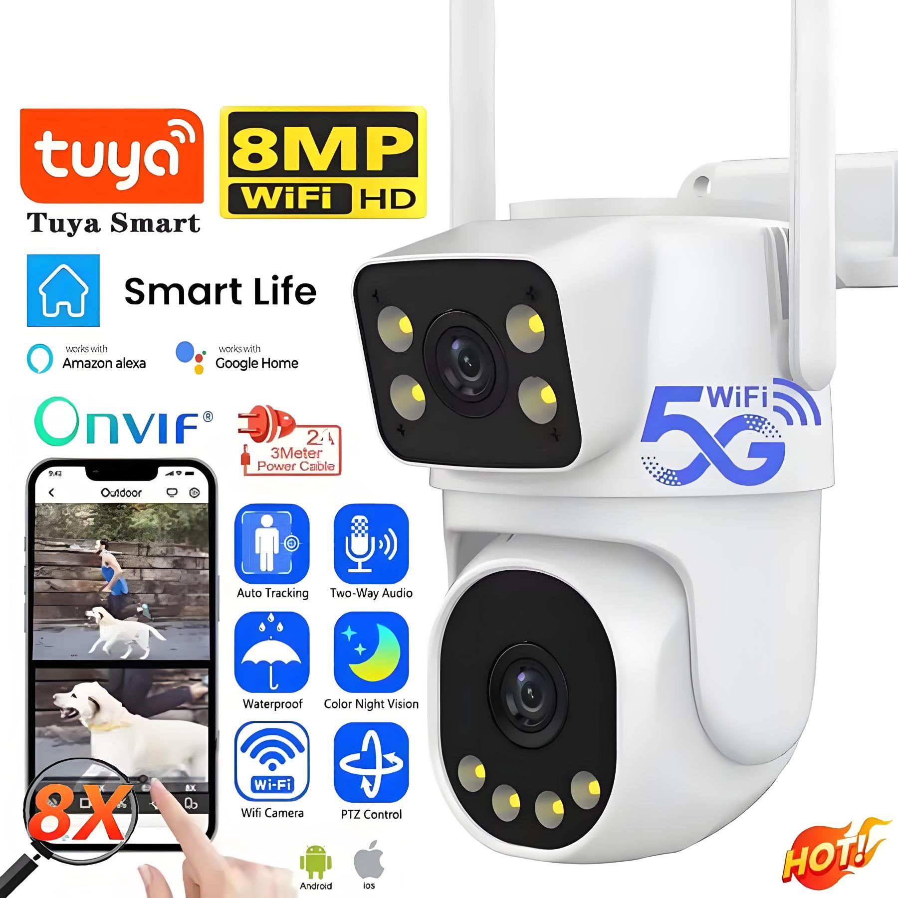 4K Tuya PTZ Dual Lens Camera 5G Wifi Outdoor 8x Zoom Security Camera 8MP Dual Screen Video Full Color Night Vision Surveillance