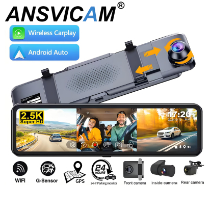 11.26" Screen 3 Channels GPS Dash Cam HD 2.5K Three Way Car Camera IPS Front and Rear Inside 3 Lens Carplay Android Auto Car DVR