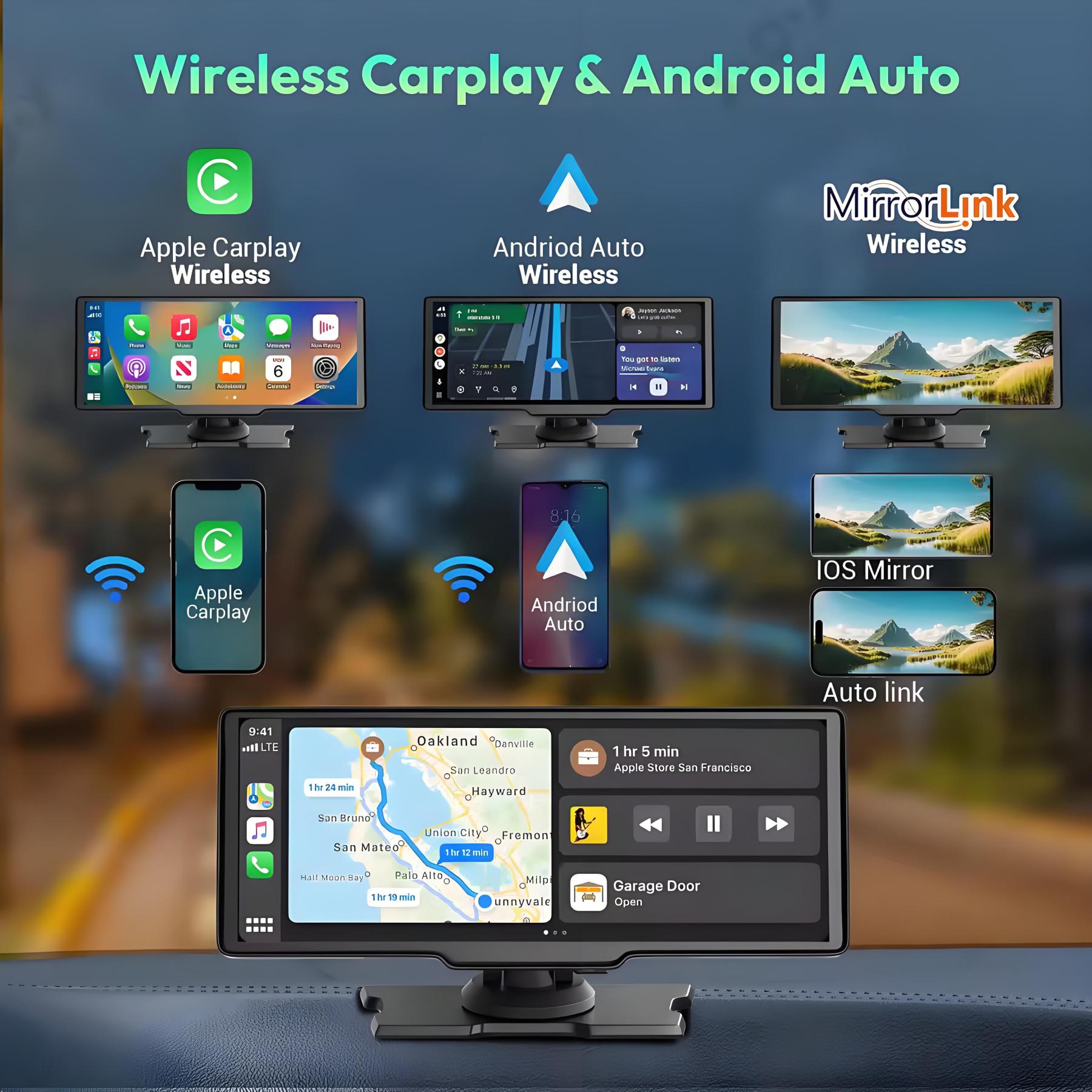 Wireless Apple Carplay Screen for Car 4K Dash Cam and 720P Backup Camera 10.26Inch Carplay & Android with GPS Navigation Dashcam