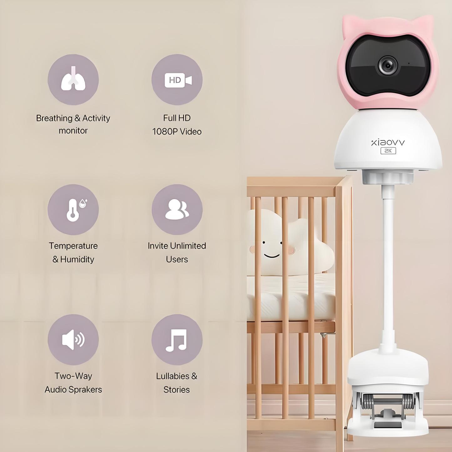 4MP 2K WiFi Indoor Baby Monitor Crying Detection Full-color Night Vision 360 Degree Rotating Baby Camera with Holder Xiaovv APP
