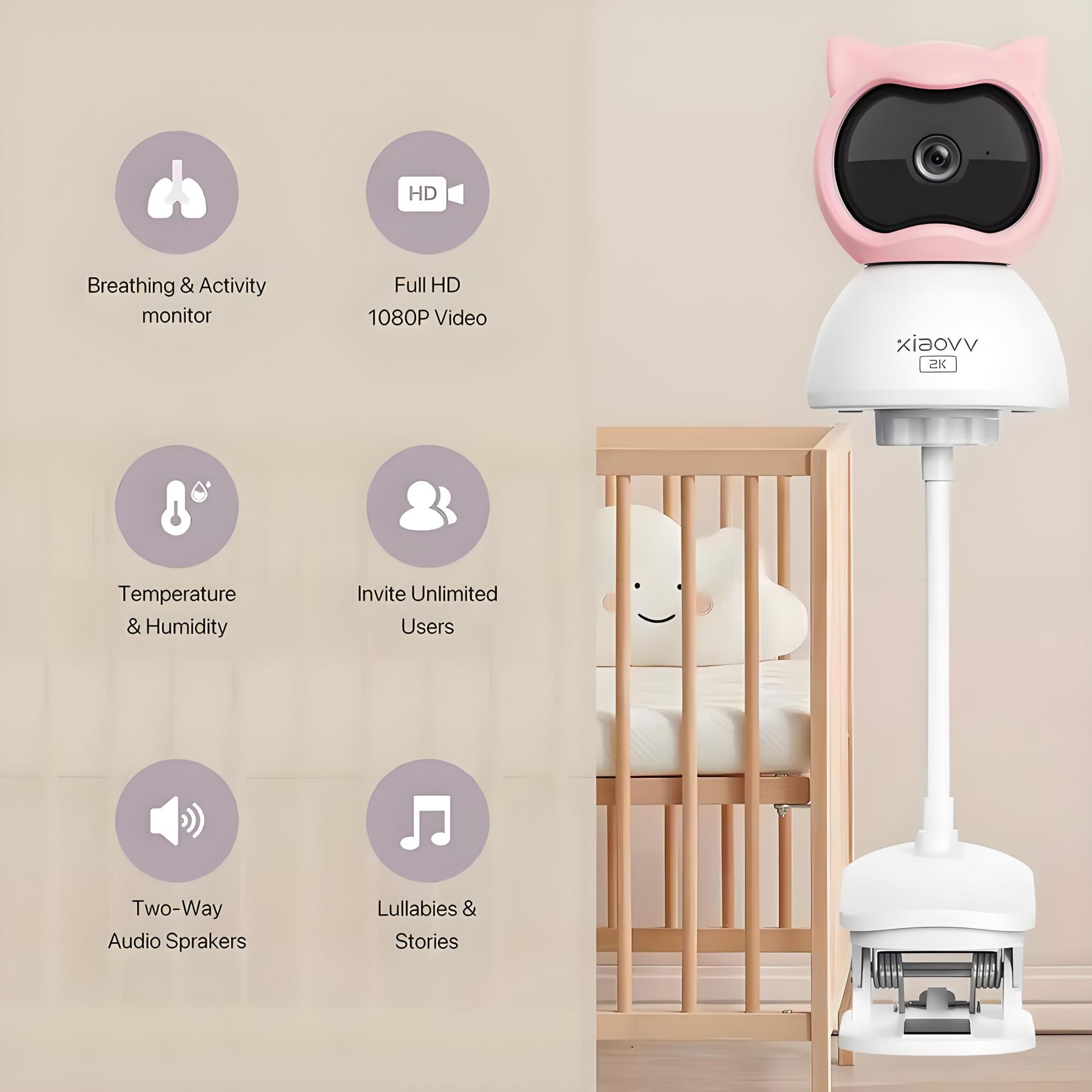 4MP 2K WiFi Indoor Baby Monitor Crying Detection Full-color Night Vision 360 Degree Rotating Baby Camera with Holder Xiaovv APP