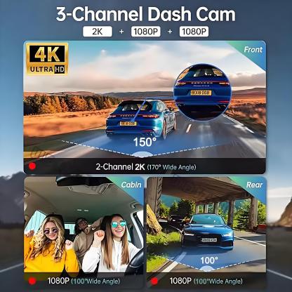 4K 3-Channel Car DVR WIFI Dash Cam Front Inside Rear View GPS Black Box for Cars Video Recorder Camera Car Accessories