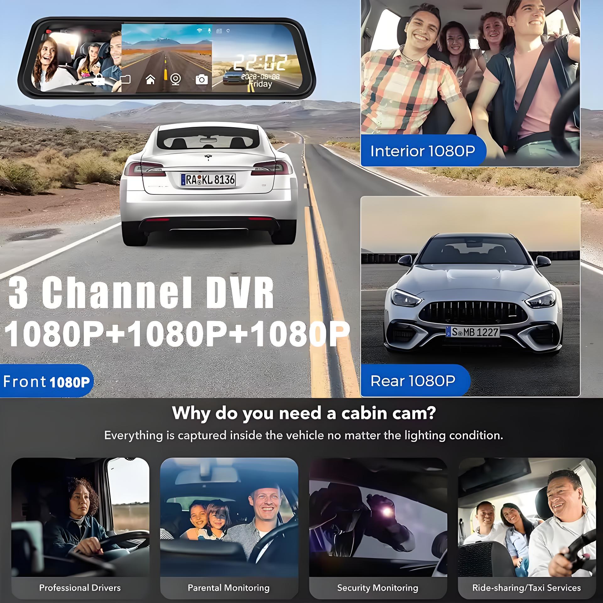 10 Inch 3 Channel Car DVR Wifi GPS Three Way Rearview Mirror Dash Cam Car Camera HD 1080P Video Registrator 24h Parking Monitor