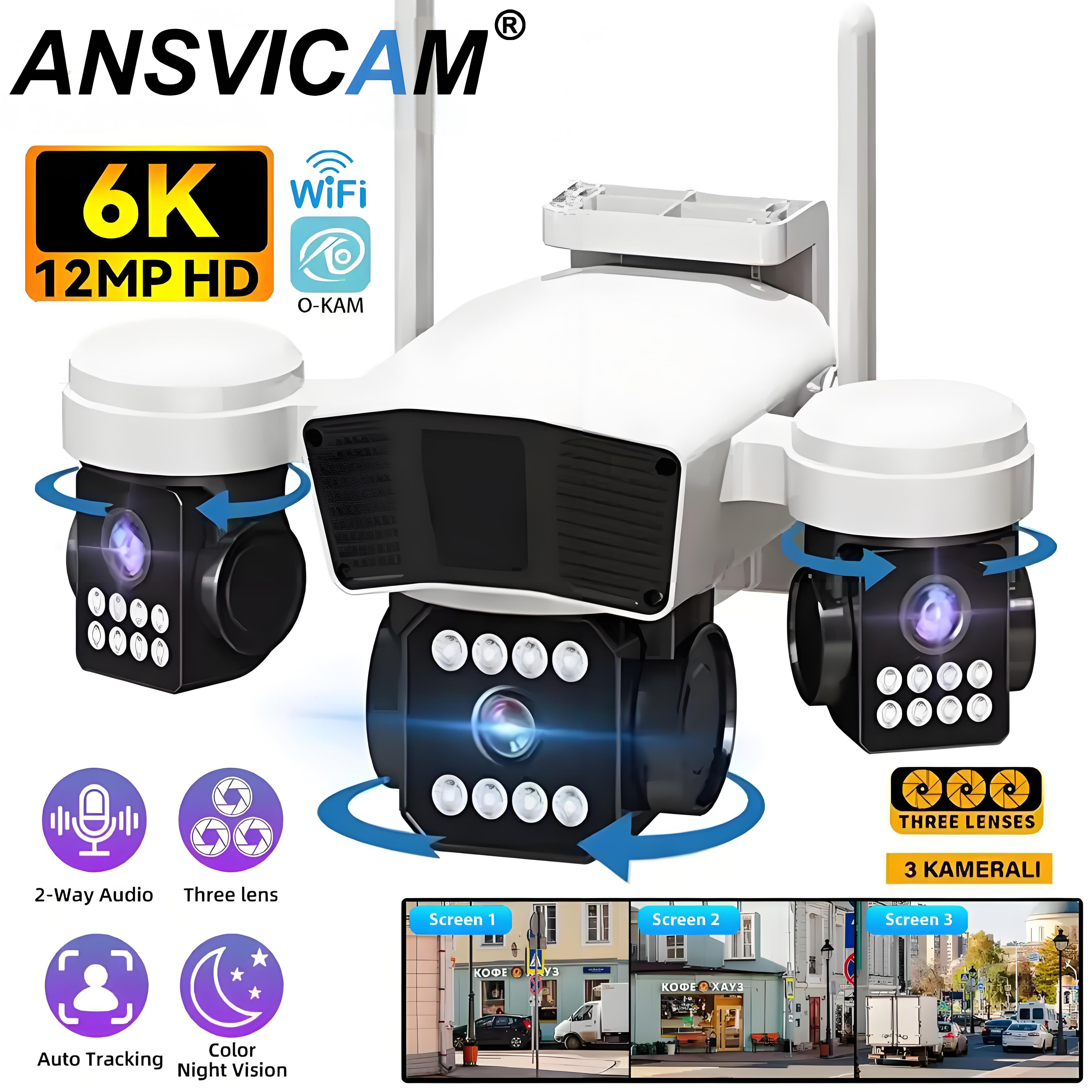 Three Lens PTZ IP Camera Outdoor 6K 12MP HD Three Screen WiFi Security Camera Auto Tracking Triple Screens Wireless CCTV Camera