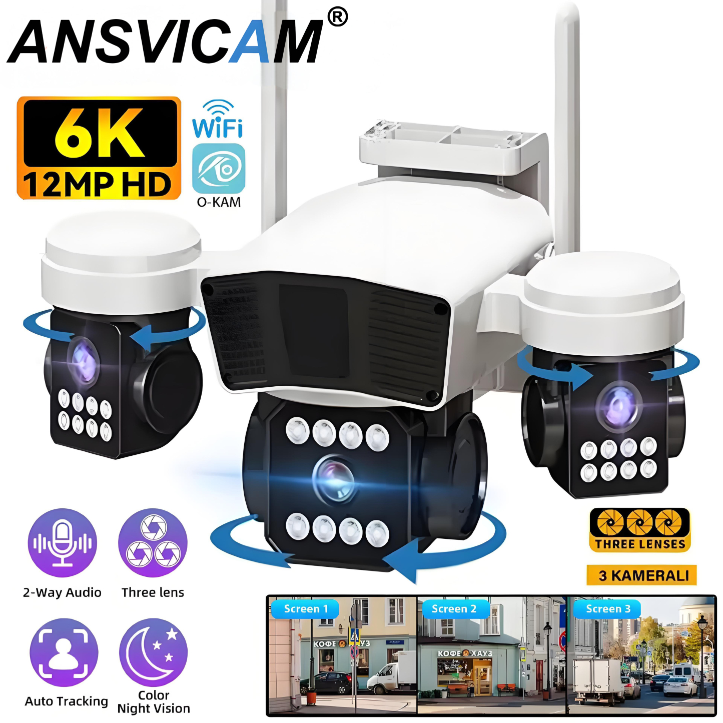 Three Lens PTZ IP Camera Outdoor 6K 12MP HD Three Screen WiFi Security Camera Auto Tracking Triple Screens Wireless CCTV Camera