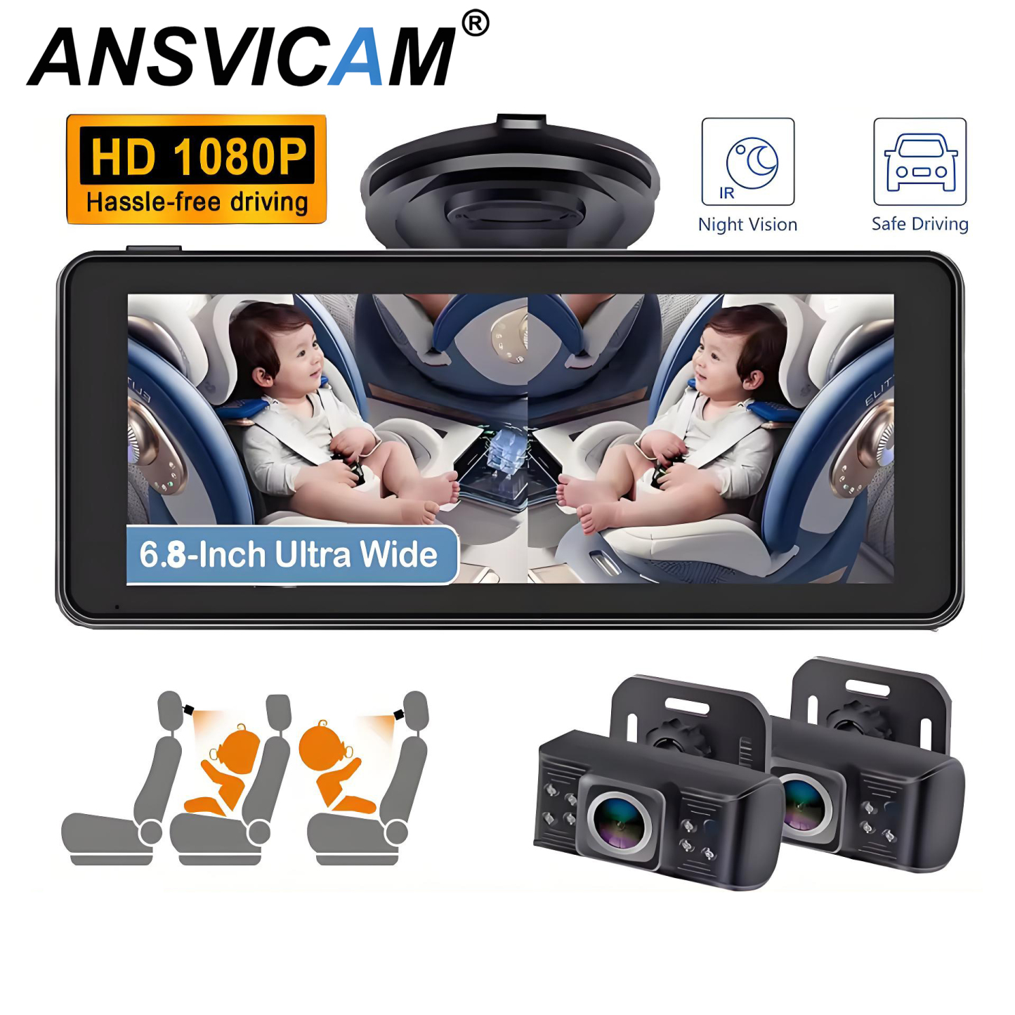 Car Baby Mirror Dual Channel Back Seat Baby Car Camera 1080P with Rear View Car Monitor 6.8'' IPS Screen Kids Pet Night Vision