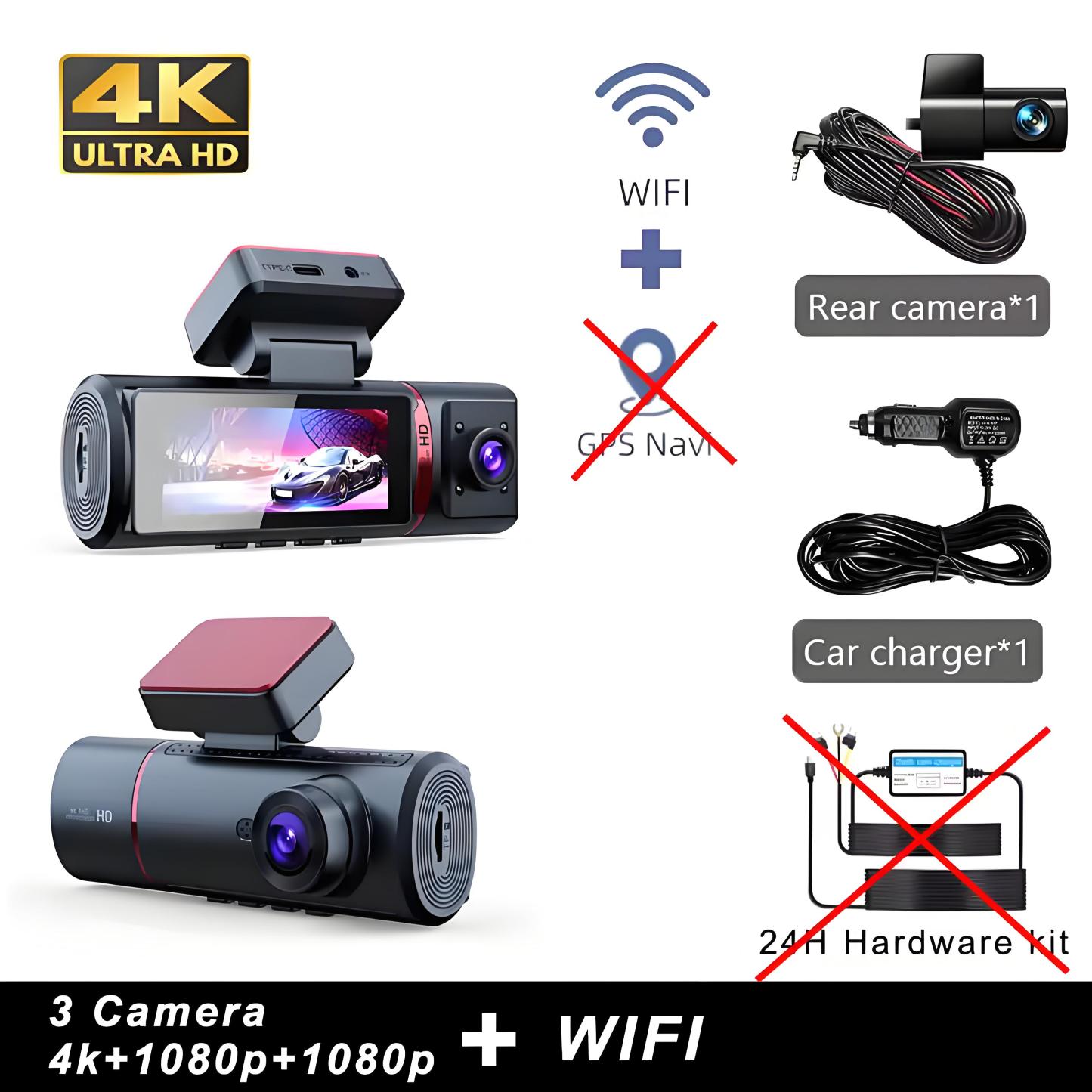 3 Channel Car DVR UHD 4K 3-Lens Inside Vehicle Dash Cam Three Way Camera DVRs Recorder Video Registrator GPS Dashcam Camcorder