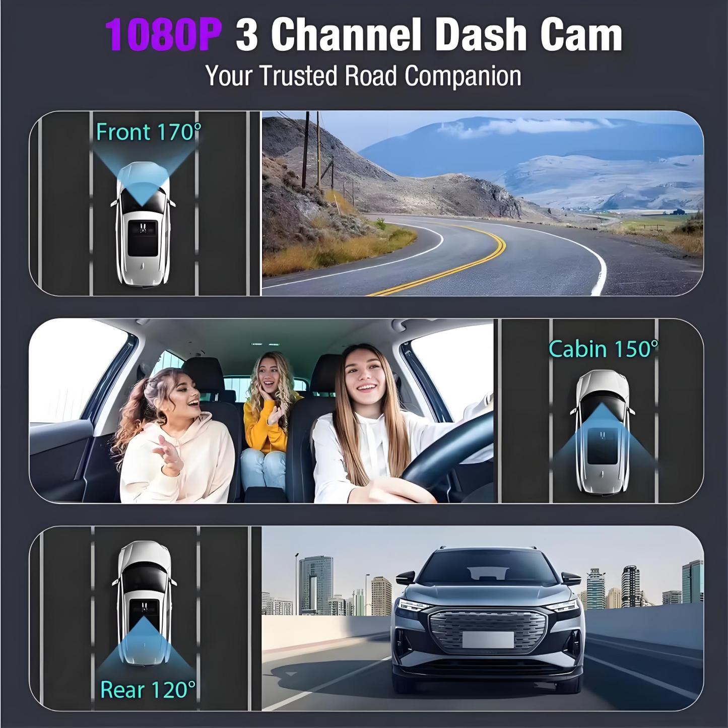 3 Channel Dash Cam Car DVR 1080P Dashcam Front and Inside Triple Dash Camera Night Vision Motion Detection Car Camera Camcorder