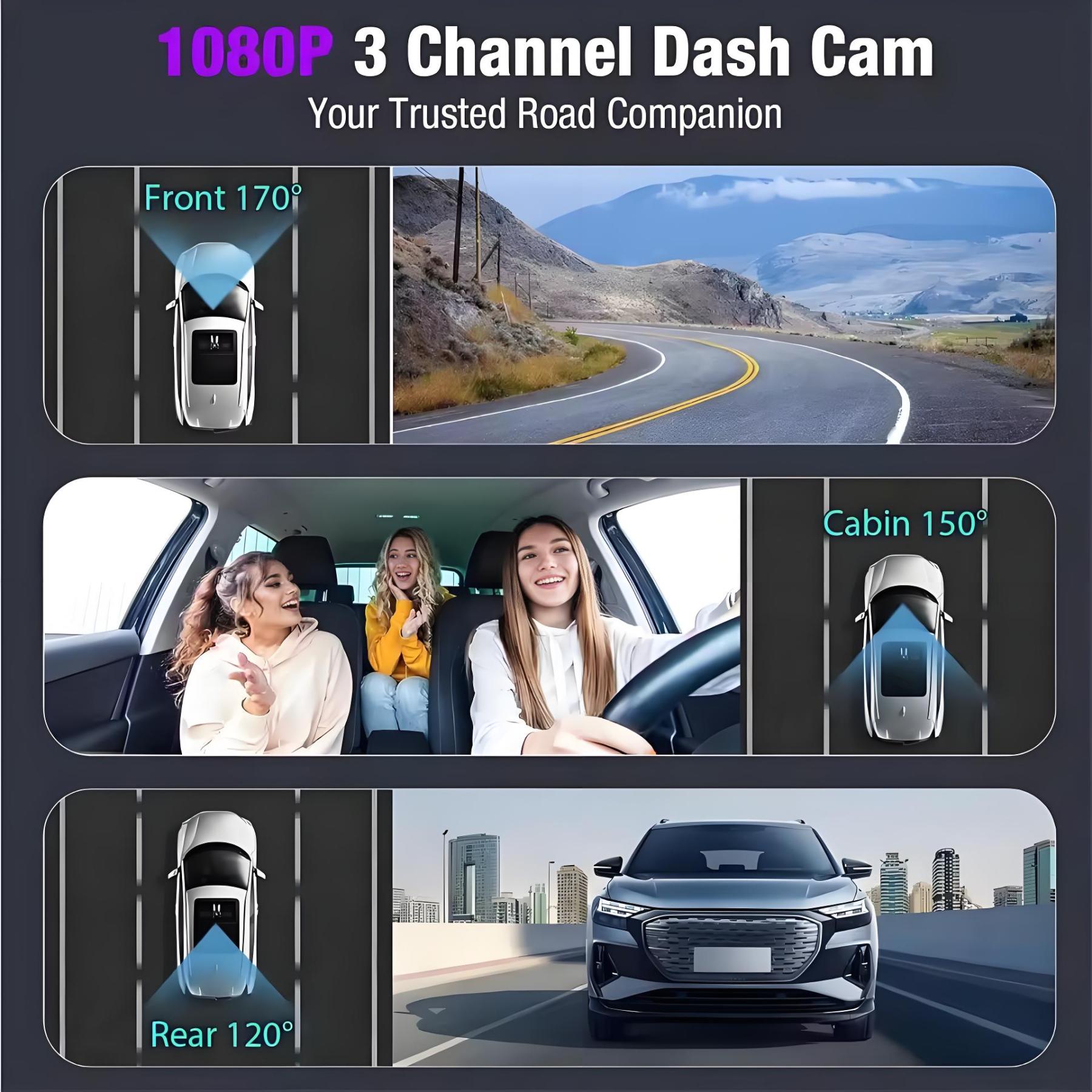 3 Channel Dash Cam Car DVR 1080P Dashcam Front and Inside Triple Dash Camera Night Vision Motion Detection Car Camera Camcorder