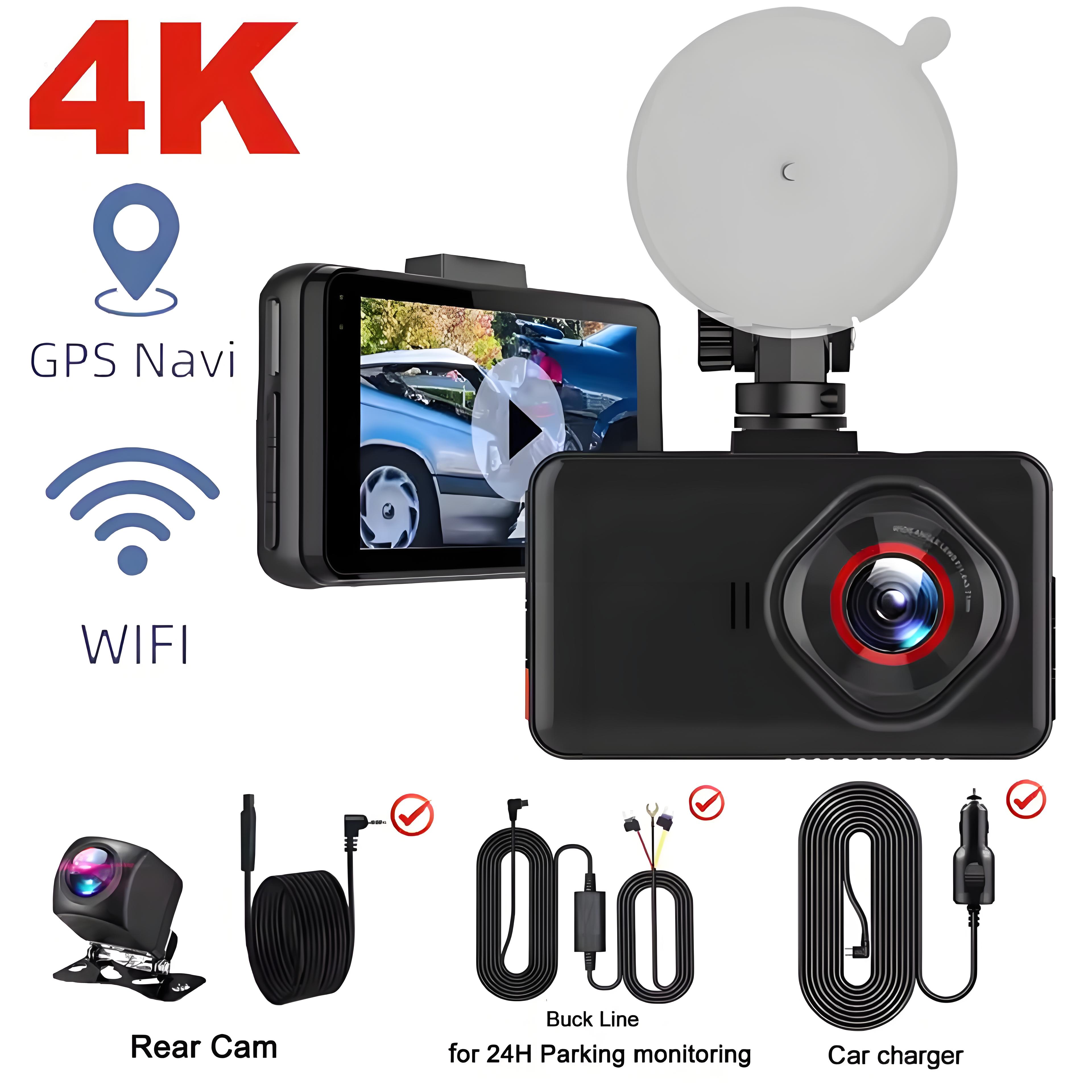 4K WIFI Dual Camera Dash Cam for Cars HD Front and Rear Car DVR GPS Video Recorder 24H Parking Monitor Black Box Car Accessories