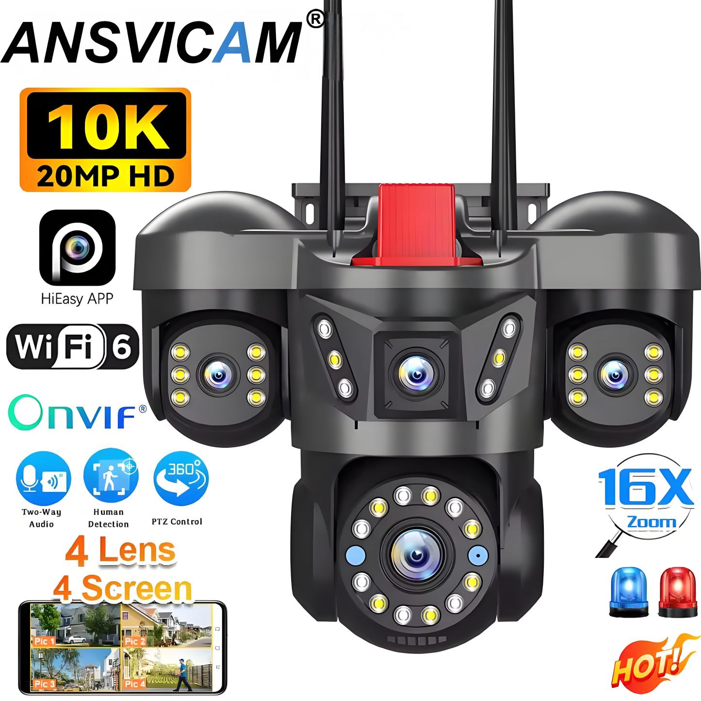 10K 20MP UHD Outdoor WiFi IP Camera Four Len Four Screen 360° 16X Zoom PTZ Security Cam Auto Tracking CCTV Wireless Surveillance