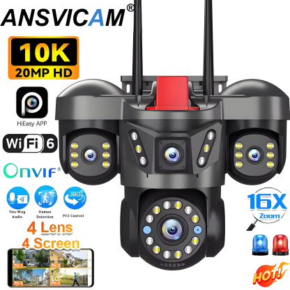 10K 20MP UHD Outdoor WiFi IP Camera Four Len Four Screen 360° 16X Zoom PTZ Security Cam Auto Tracking CCTV Wireless Surveillance