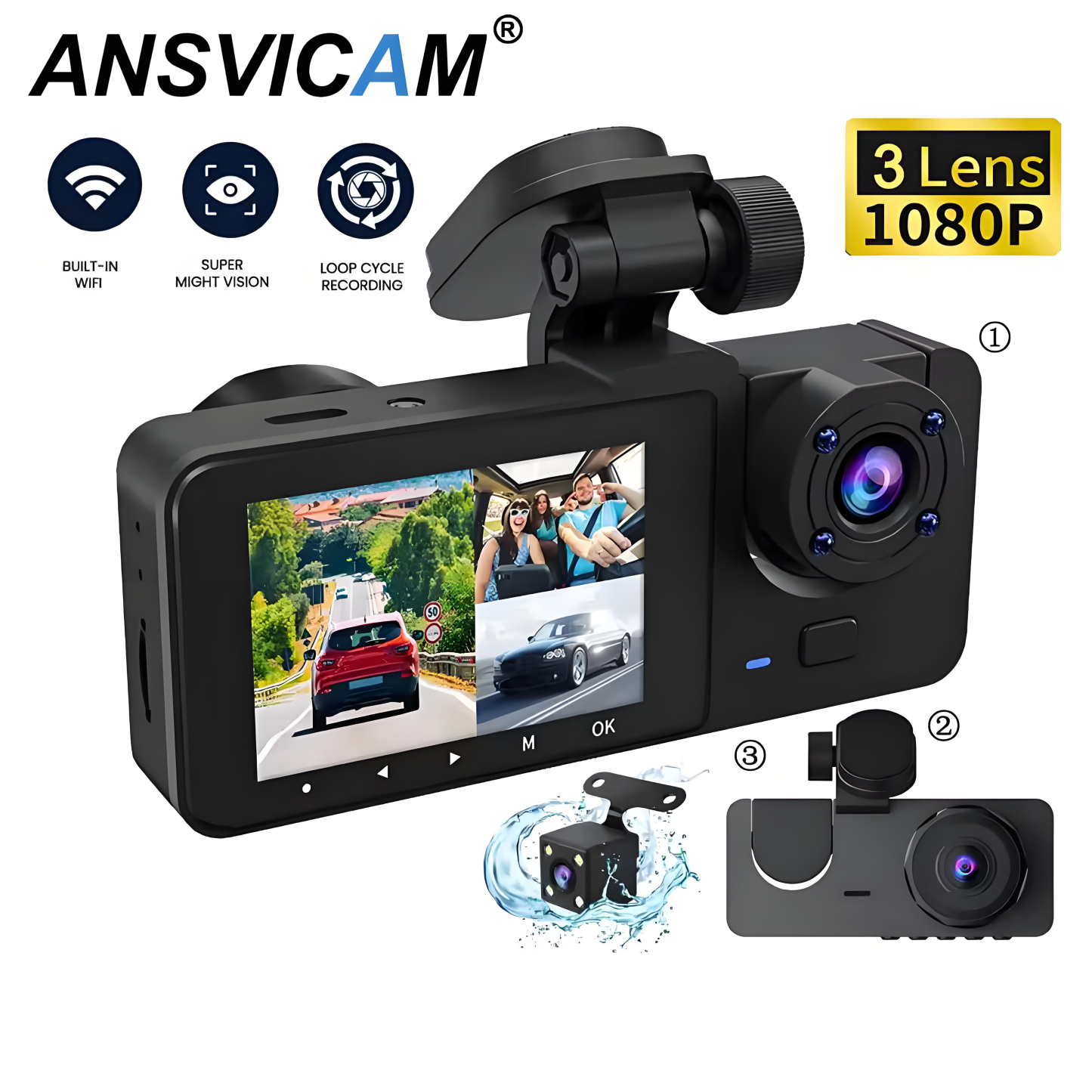 3 Channel Car DVR Camera Dash Cam HD 1080P 3-Lens Front /Rear /Inside Triple Wifi Car Camera Video Recorder Dashcam Camcorder