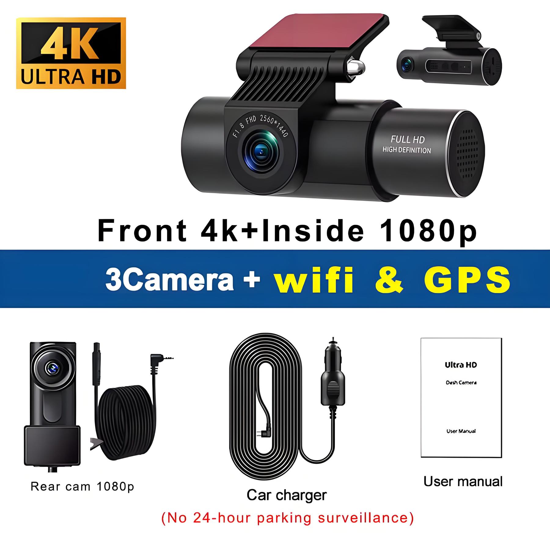 4K 3-Channel Car DVR WIFI Dash Cam Front Inside Rear View GPS Black Box for Cars Video Recorder Camera Car Accessories