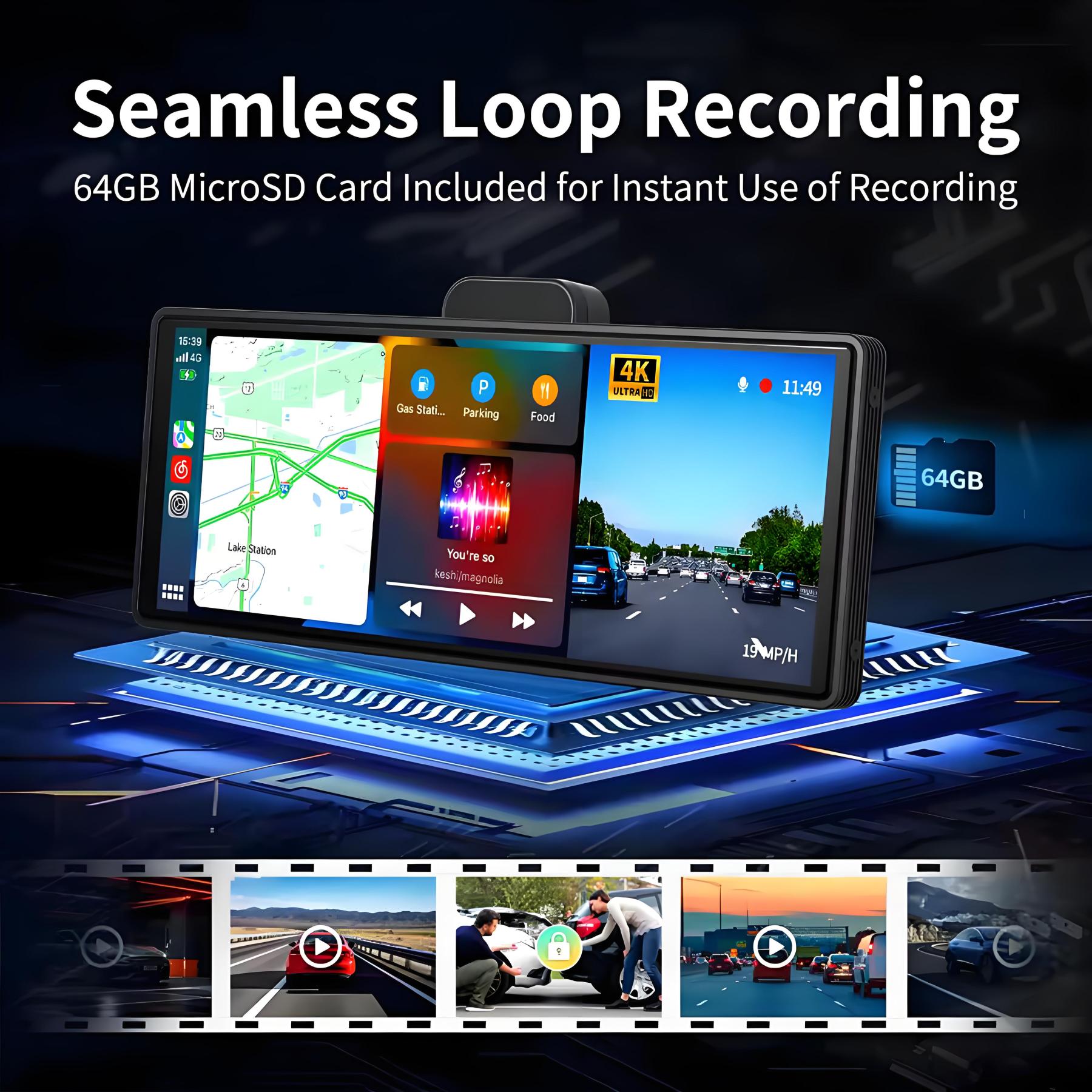 Wireless Apple Carplay Screen for Car 4K Dash Cam and 720P Backup Camera 10.26Inch Carplay & Android with GPS Navigation Dashcam