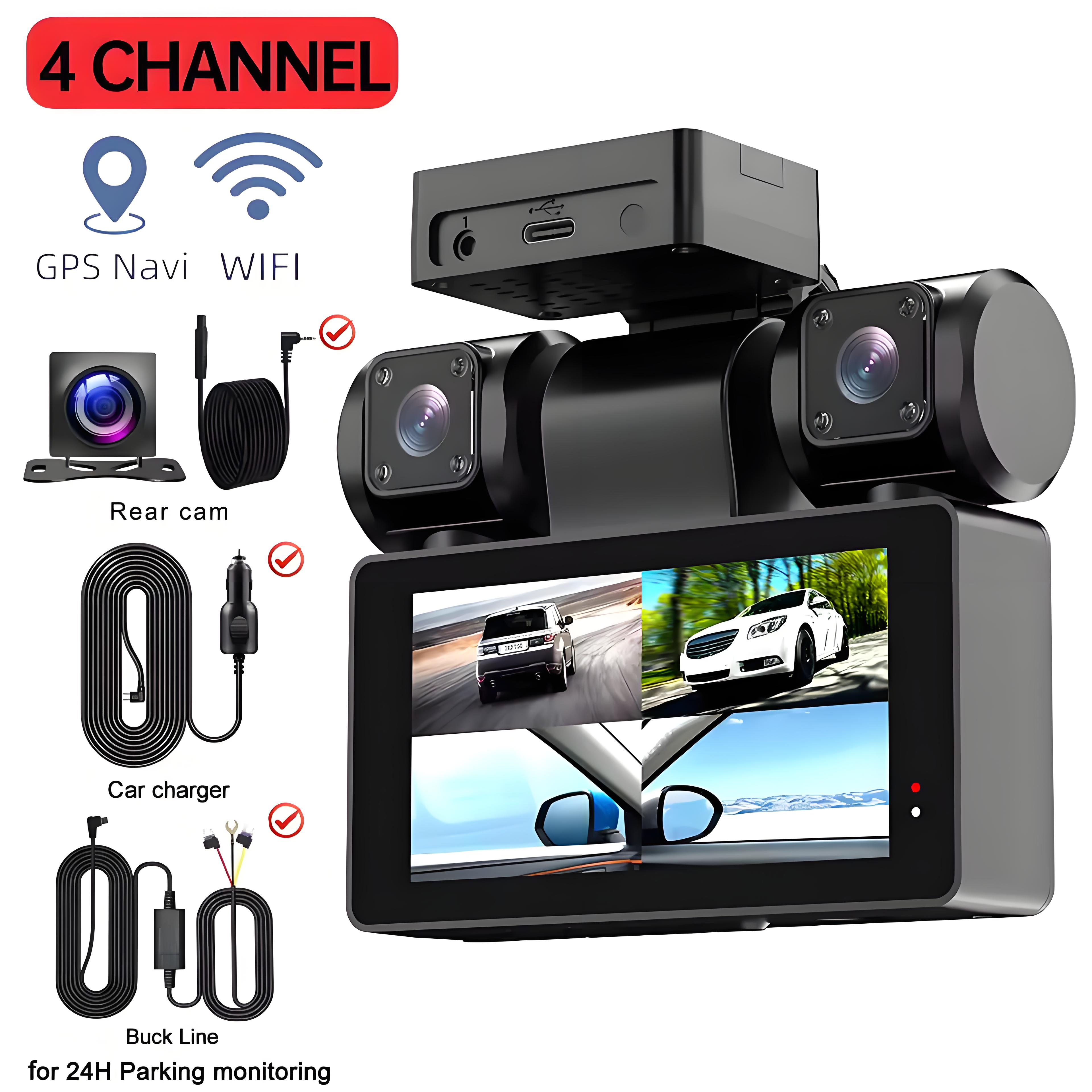 4 Channel Car DVR Dash Camera Wi-Fi GPS Car Camera 360 Dash Cam Front and Rear Inside Left Right 3k*1080P 4 Lens Video Recorder