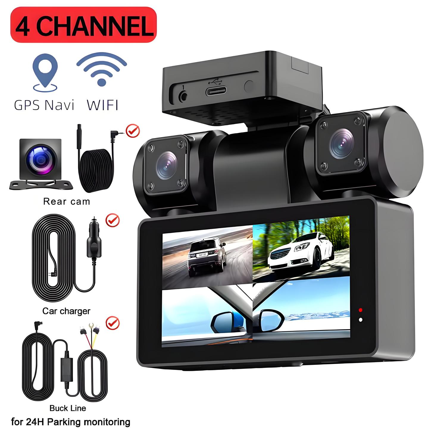 4 Channel Car DVR Dash Camera Wi-Fi GPS Car Camera 360 Dash Cam Front and Rear Inside Left Right 3k*1080P 4 Lens Video Recorder