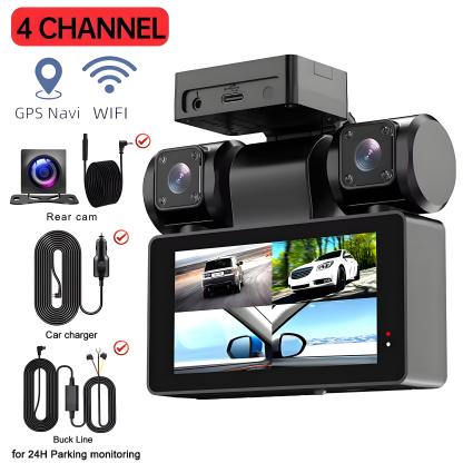 4 Channel Car DVR Dash Camera Wi-Fi GPS Car Camera 360 Dash Cam Front and Rear Inside Left Right 3k*1080P 4 Lens Video Recorder