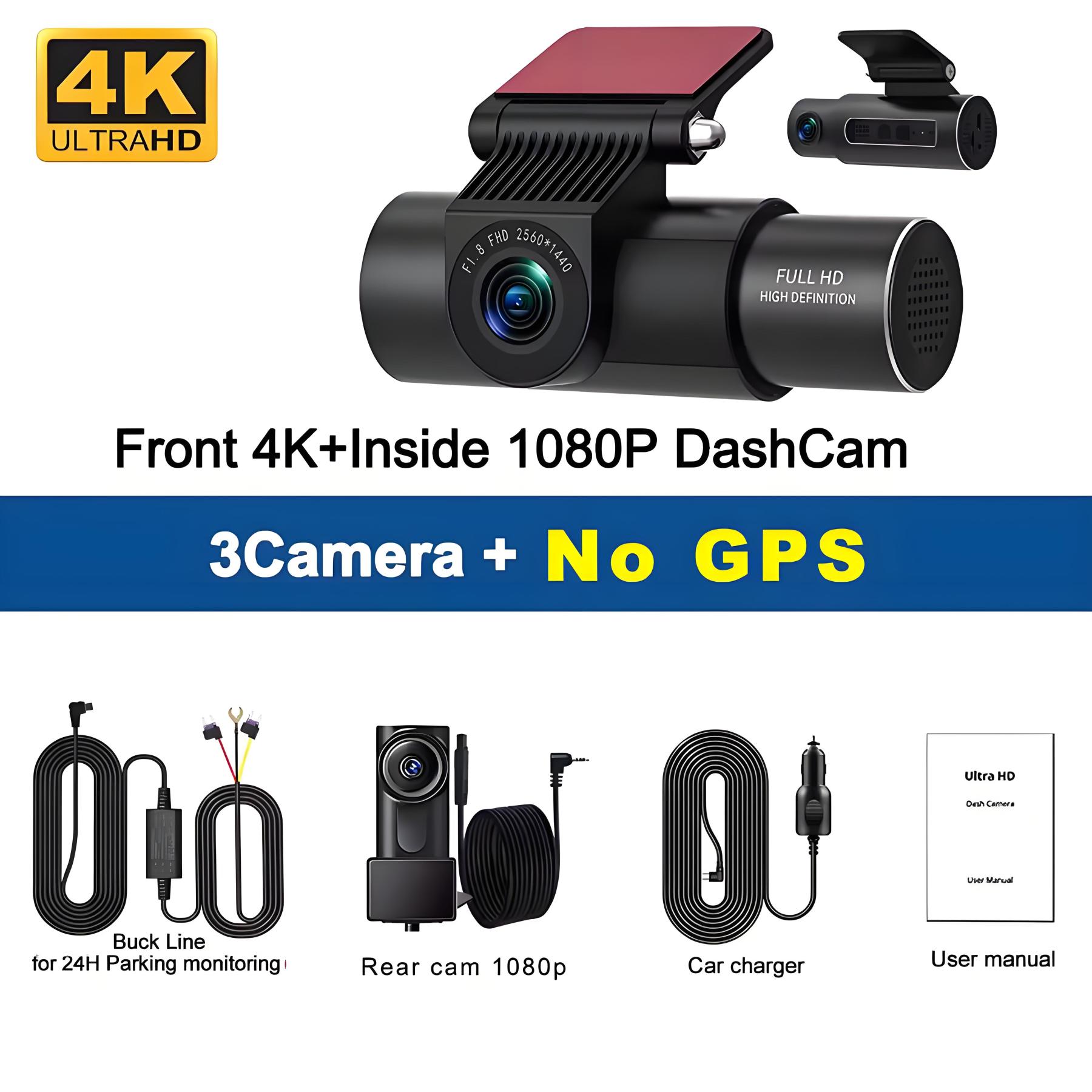 4K Car DVR 3-Channel Dash Cam Front Inside Rear View GPS WIFI Black Bo