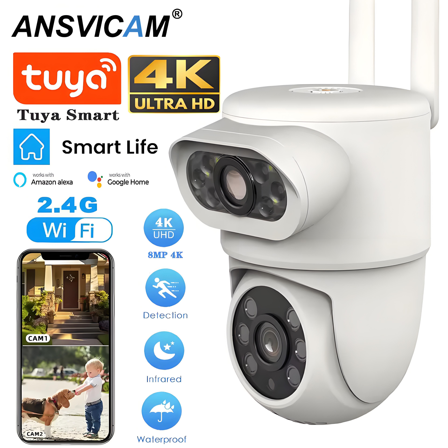 4K 8MP Tuya Dual Lens Wifi Camera Outdoor Security 4MP HD Dual Screen PTZ Camera AI Auto Tracking CCTV Audio Video Surveillance