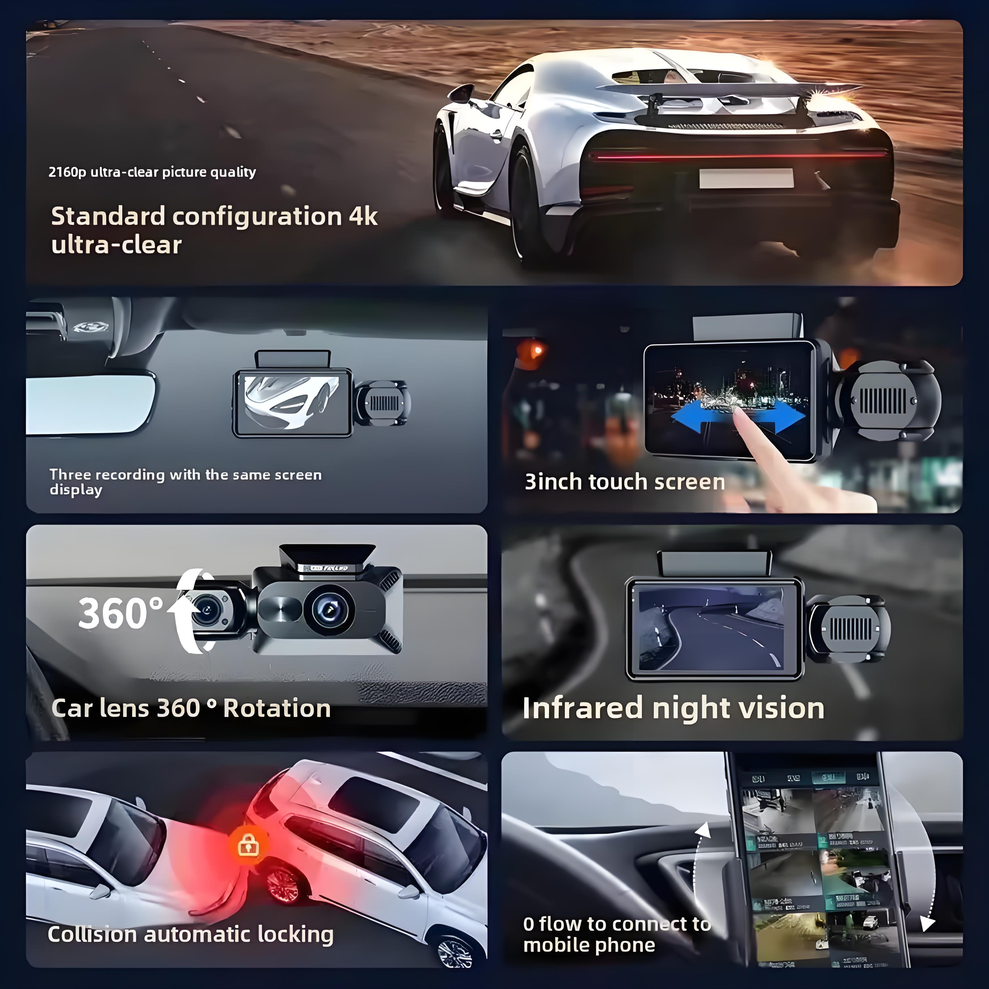 3 Channel Dash Cam Car DVR 1080P Dashcam Front and Inside Triple Dash Camera Night Vision Motion Detection Car Camera Camcorder