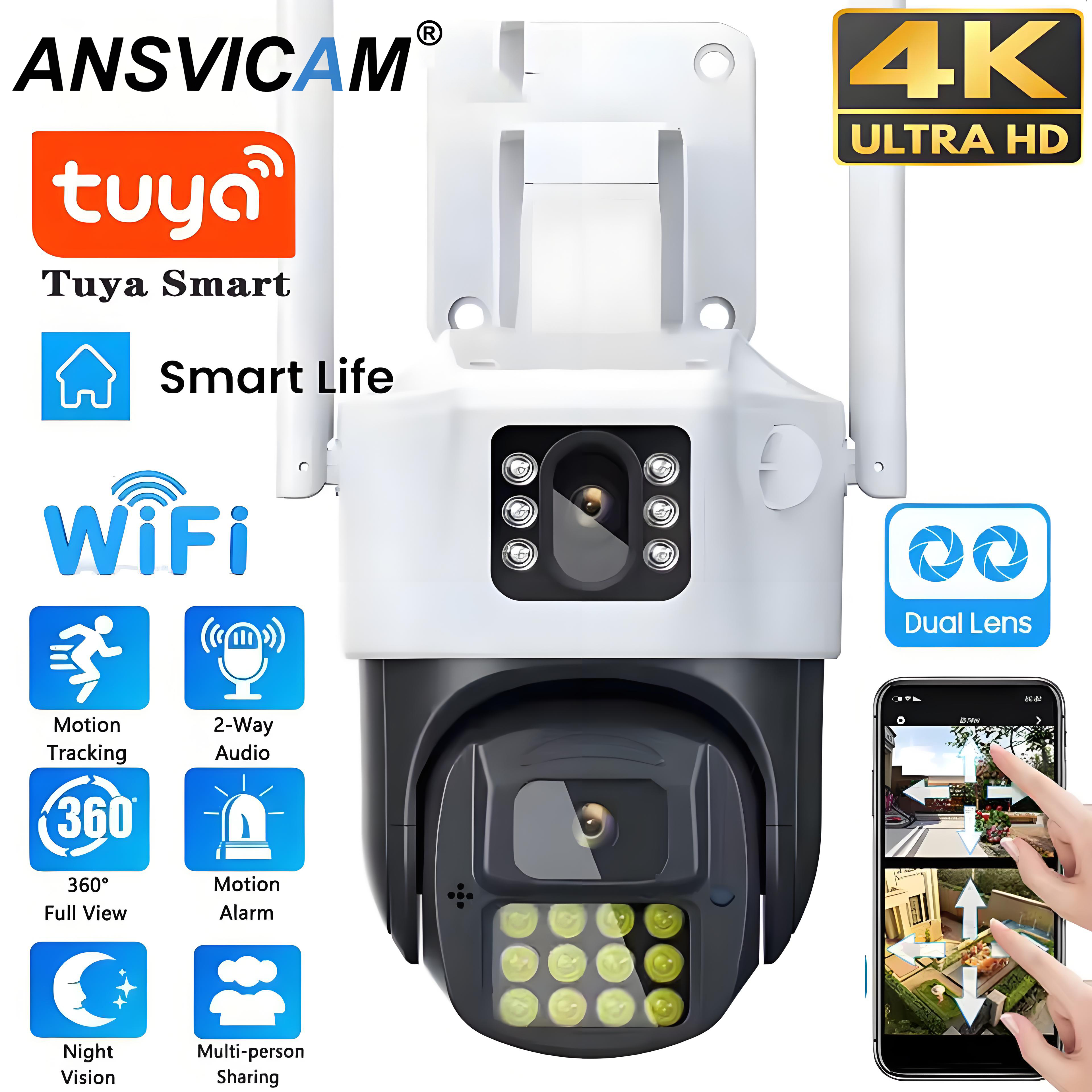 4K 8MP Tuya Dual Lens Outdoor Wifi Camera PTZ HD Dual Screen IR Night Vision Security Cam Auto Tracking Monitoring Surveillance