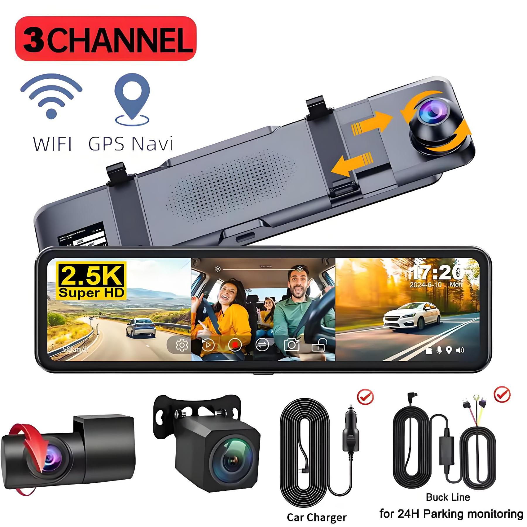 11.26" Screen 3 Channels GPS Dash Cam HD 2.5K Three Way Car Camera IPS Front and Rear Inside 3 Lens Carplay Android Auto Car DVR