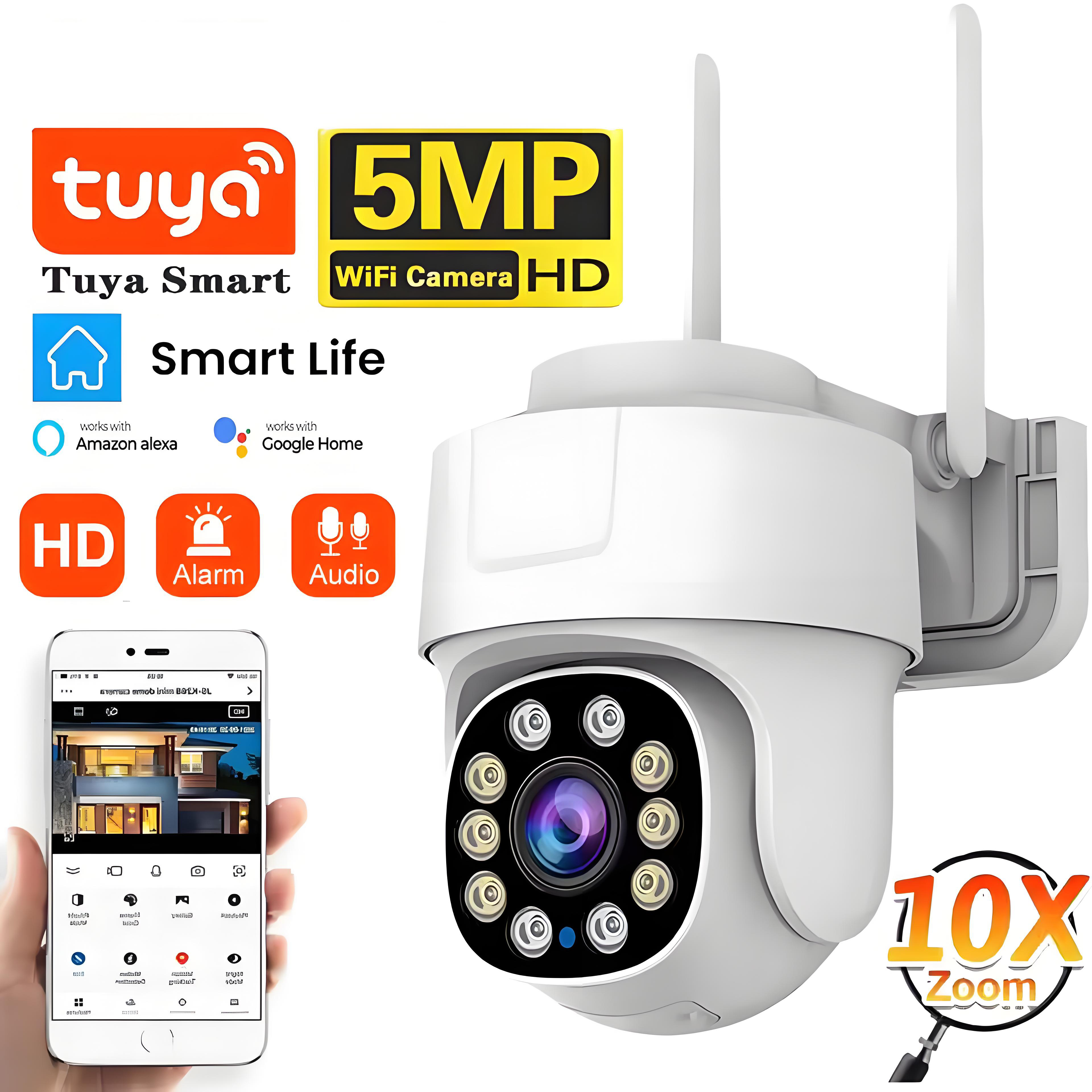 Tuya Wifi PTZ Camera Outdoor 10X Zoom Security IP Camera 5MP Full Color Night Vision Audio Surveillance Human Motion Detection