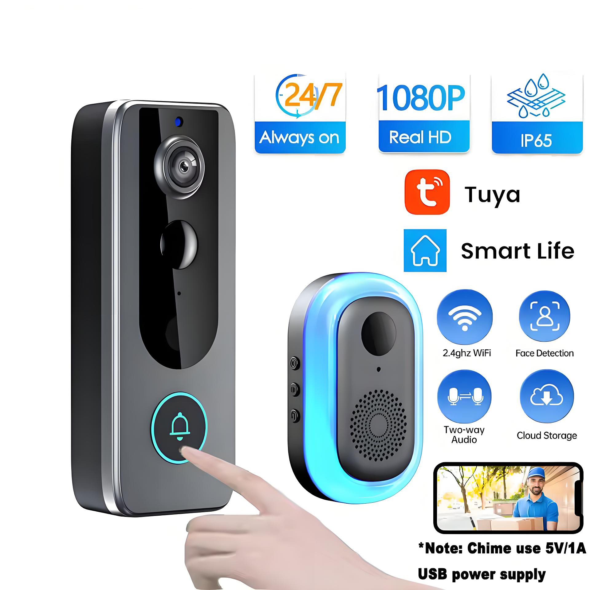 Tuya Doorbell with Camera Wireless Bundle Video Doorbell Wifi HD 1080P Outdoor Phone Door Bell Camera Security Video Intercom IR