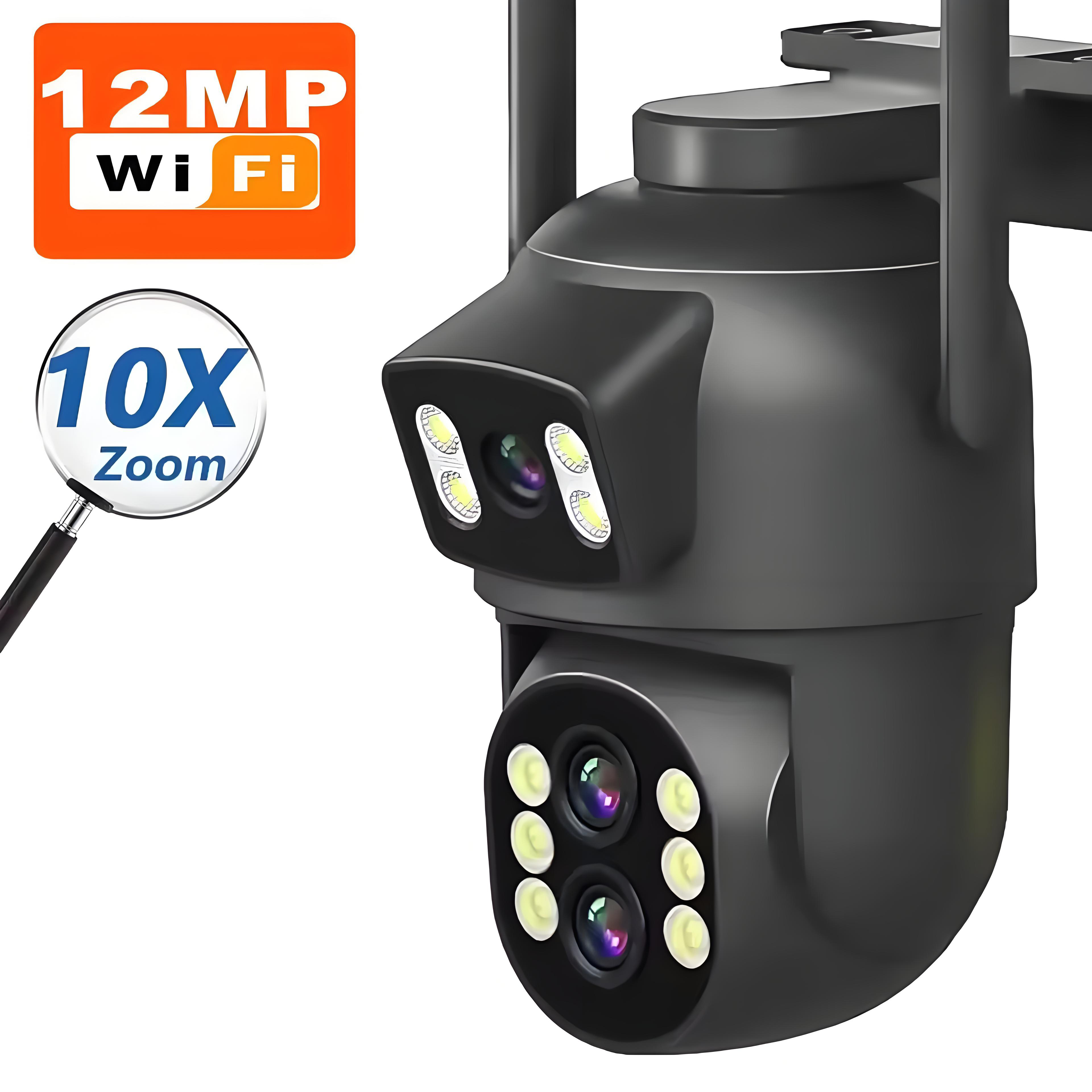 12MP Wifi Dual Lens Outdoor Camera 10X Zoom HD Dual Screens PIZ IP Camera Night Vision Security Protection Câmera P6Slite APP