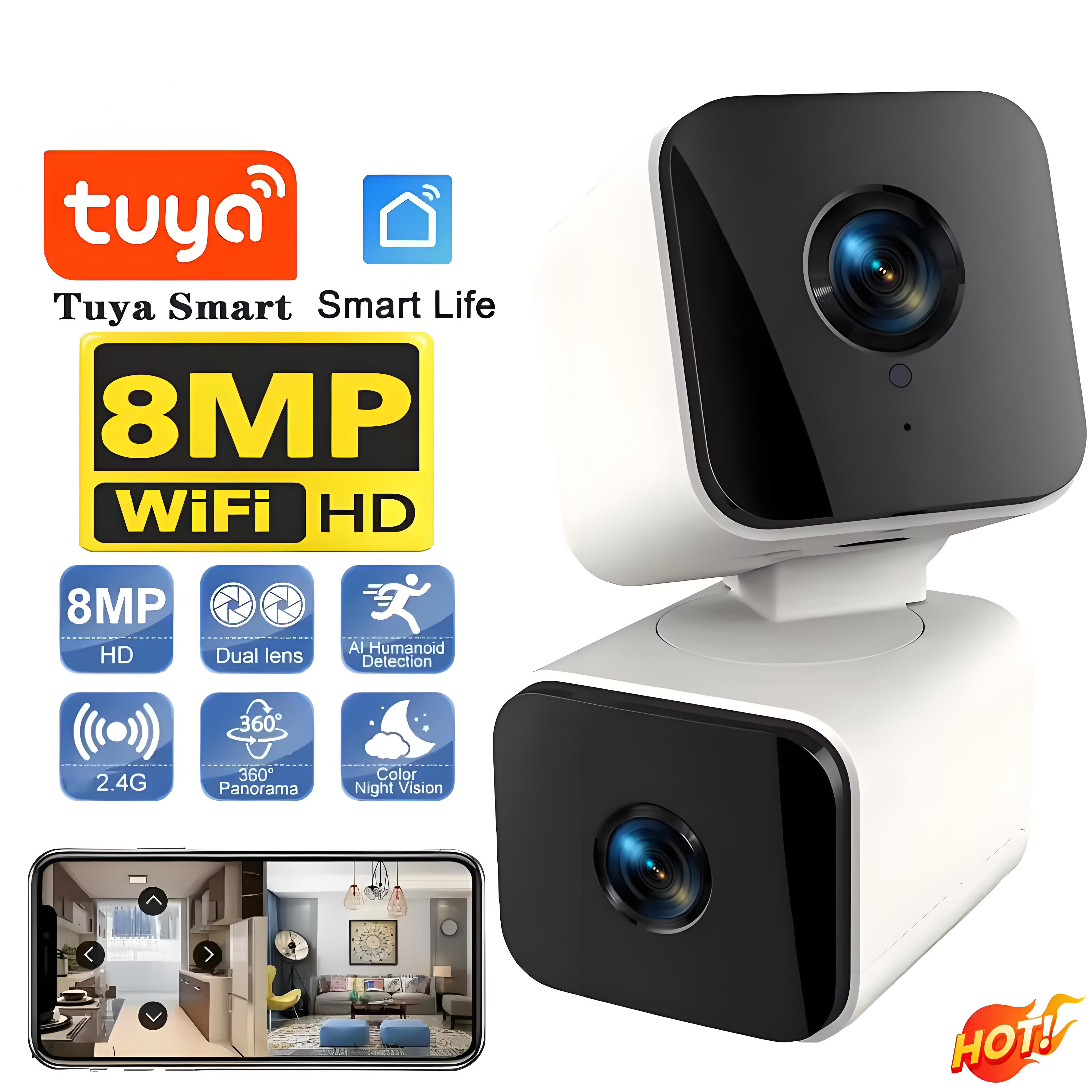 4K 8MP Tuya Dual Lens PTZ WIFI Camera Indoor HD Dual Screen Ai Human Auto Tracking Security Surveillance PIR Human Detection Cam