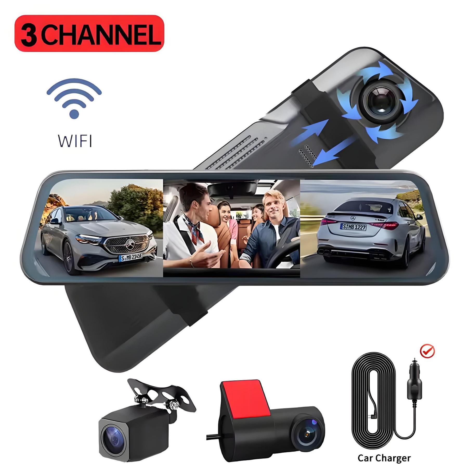 10 Inch 3 Channel Car DVR Wifi GPS Three Way Rearview Mirror Dash Cam 
