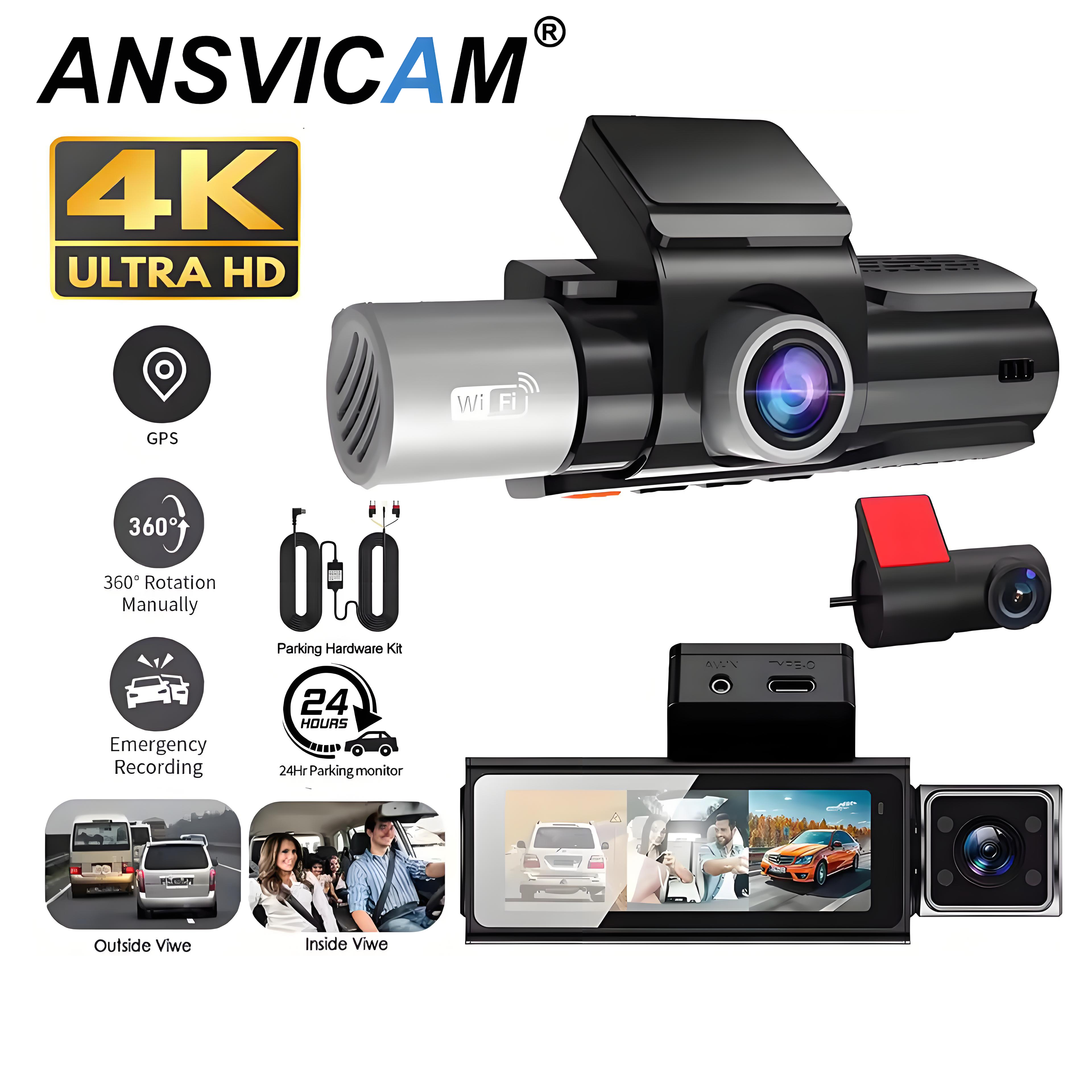 3 Channel Dash Cam for Cars Camera UHD 4K 3-Lens GPS Wifi Dashcam Video Recorder Rear View Camera for Vehicle Car DVR Camcorder